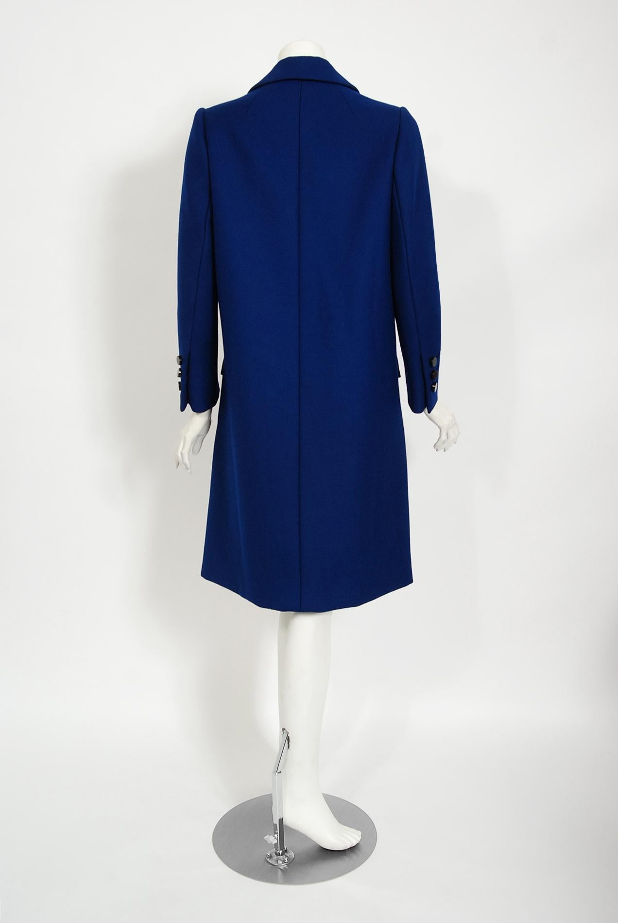 Vintage 1969 Norman Norell Royal Blue Wool Double-Breasted Mod Military Coat For Sale 1