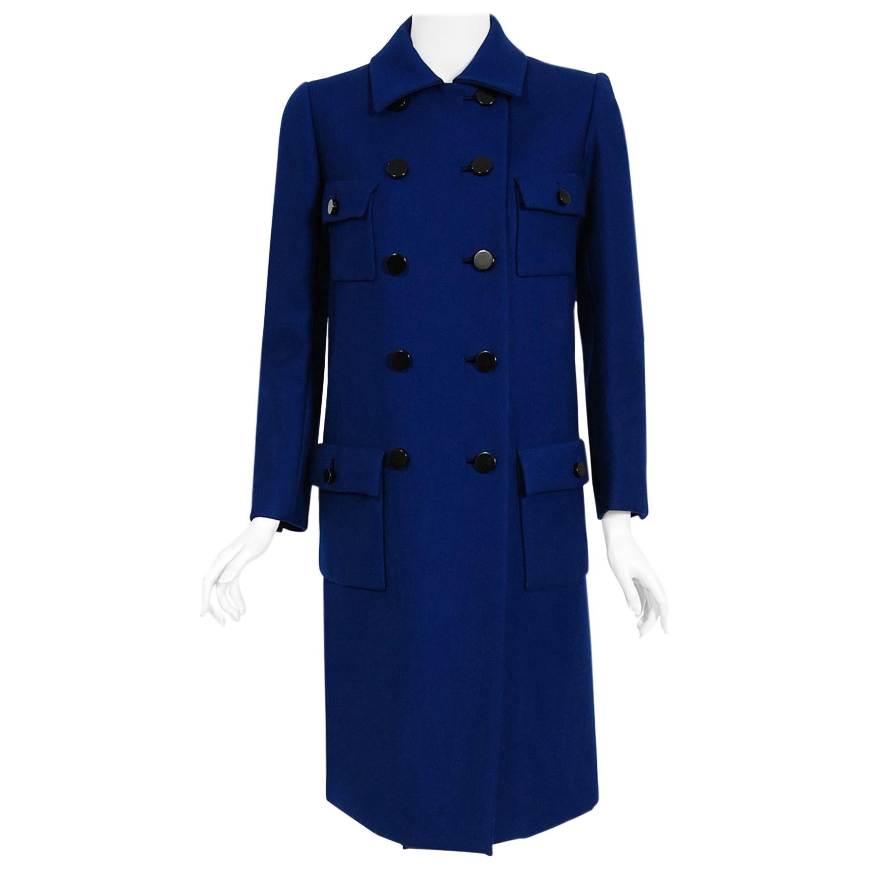 Vintage 1969 Norman Norell Royal Blue Wool Double-Breasted Mod Military Coat