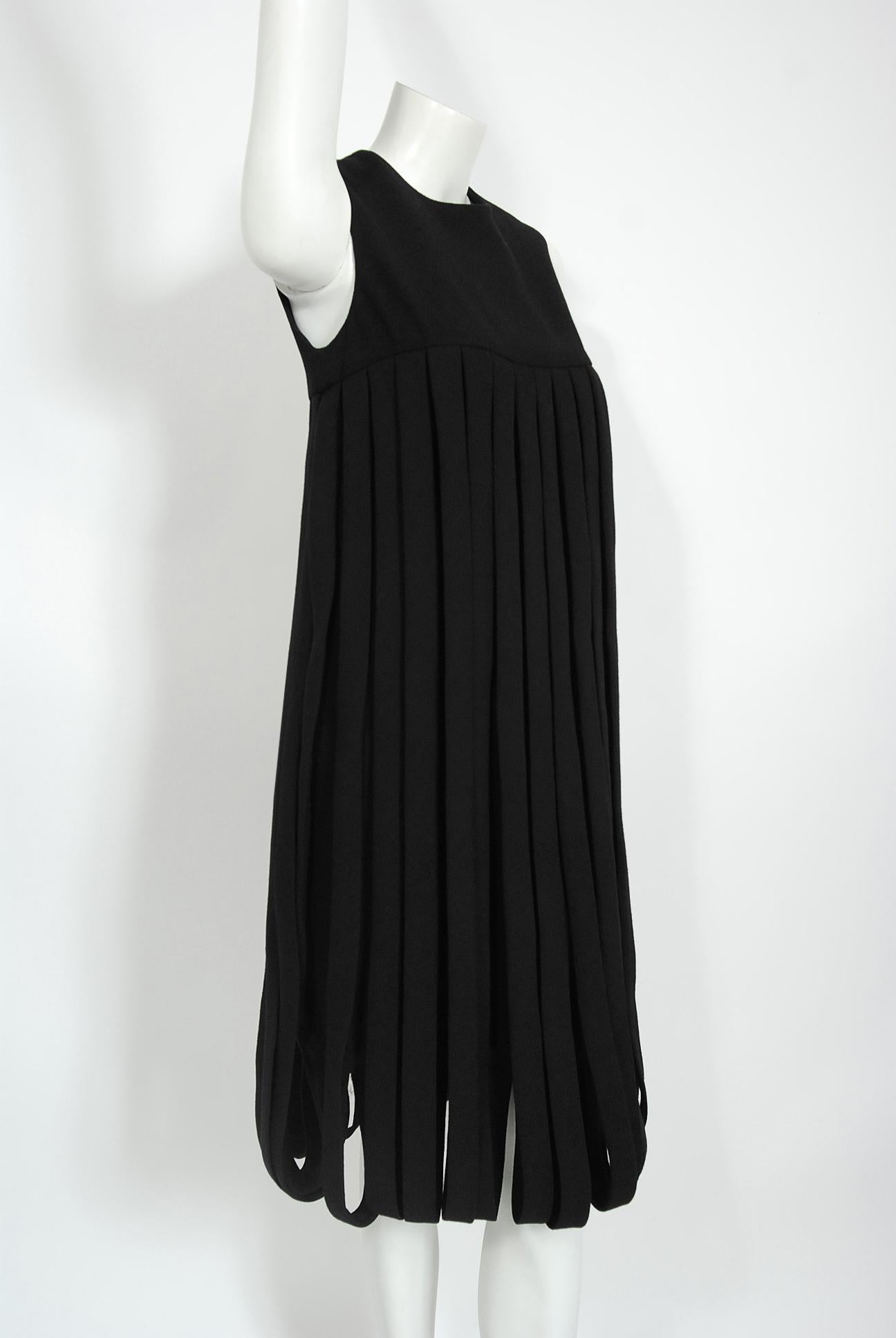 Women's Vintage 1967 Pierre Cardin Documented Black Wool Space-Age Mod Carwash Dress