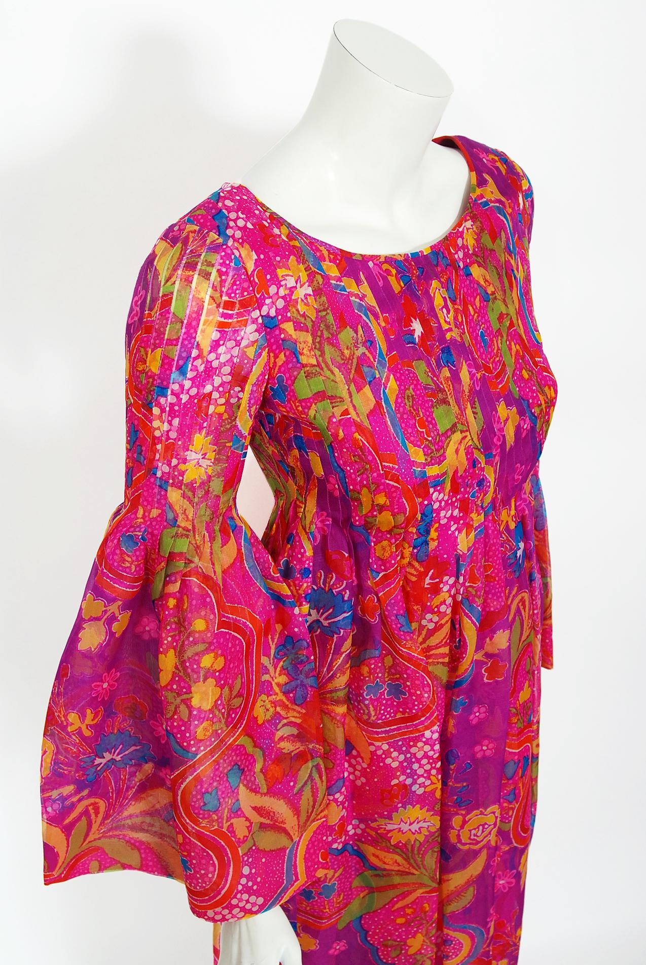 Vintage 1969 Pierre Cardin Pink Psychedelic Print Organza Bell-Sleeve Maxi Dress In Good Condition In Beverly Hills, CA