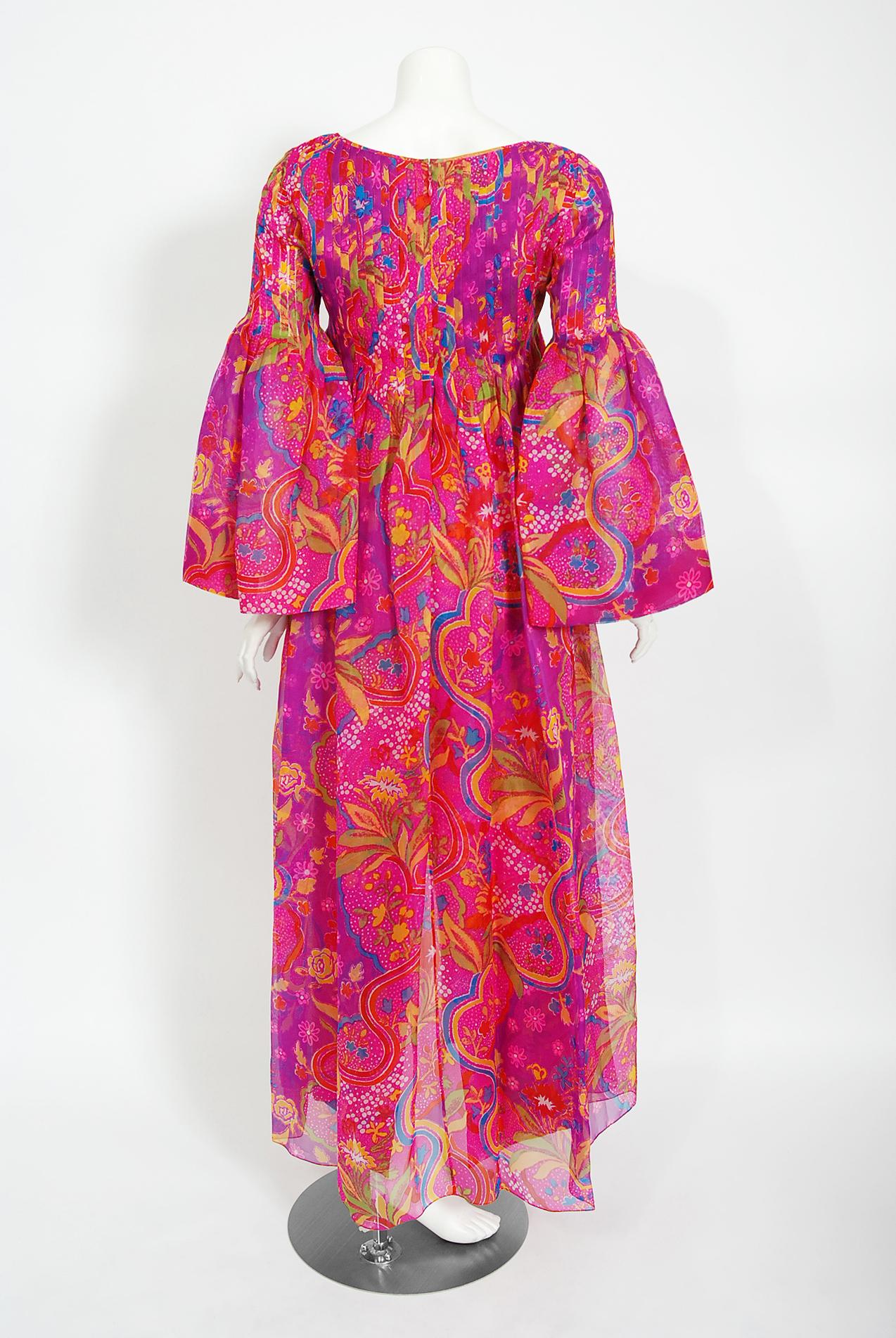Vintage 1969 Pierre Cardin Pink Psychedelic Print Organza Bell-Sleeve Maxi Dress 1