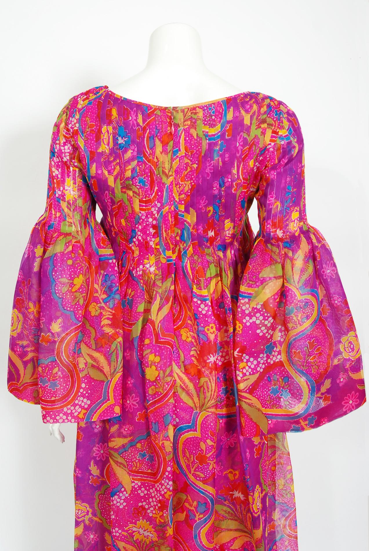 Vintage 1969 Pierre Cardin Pink Psychedelic Print Organza Bell-Sleeve Maxi Dress 2