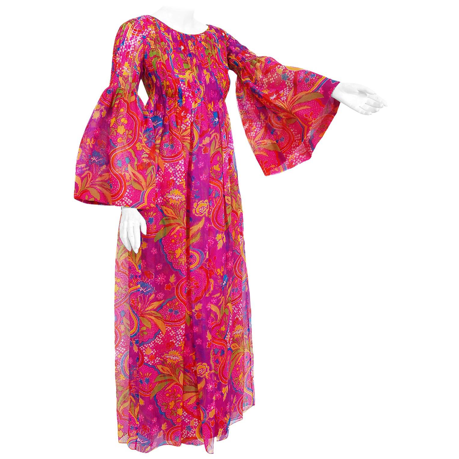 Vintage 1969 Pierre Cardin Pink Psychedelic Print Organza Bell-Sleeve Maxi Dress