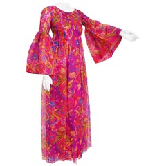 Vintage 1969 Pierre Cardin Pink Psychedelic Print Organza Bell-Sleeve Maxi Dress