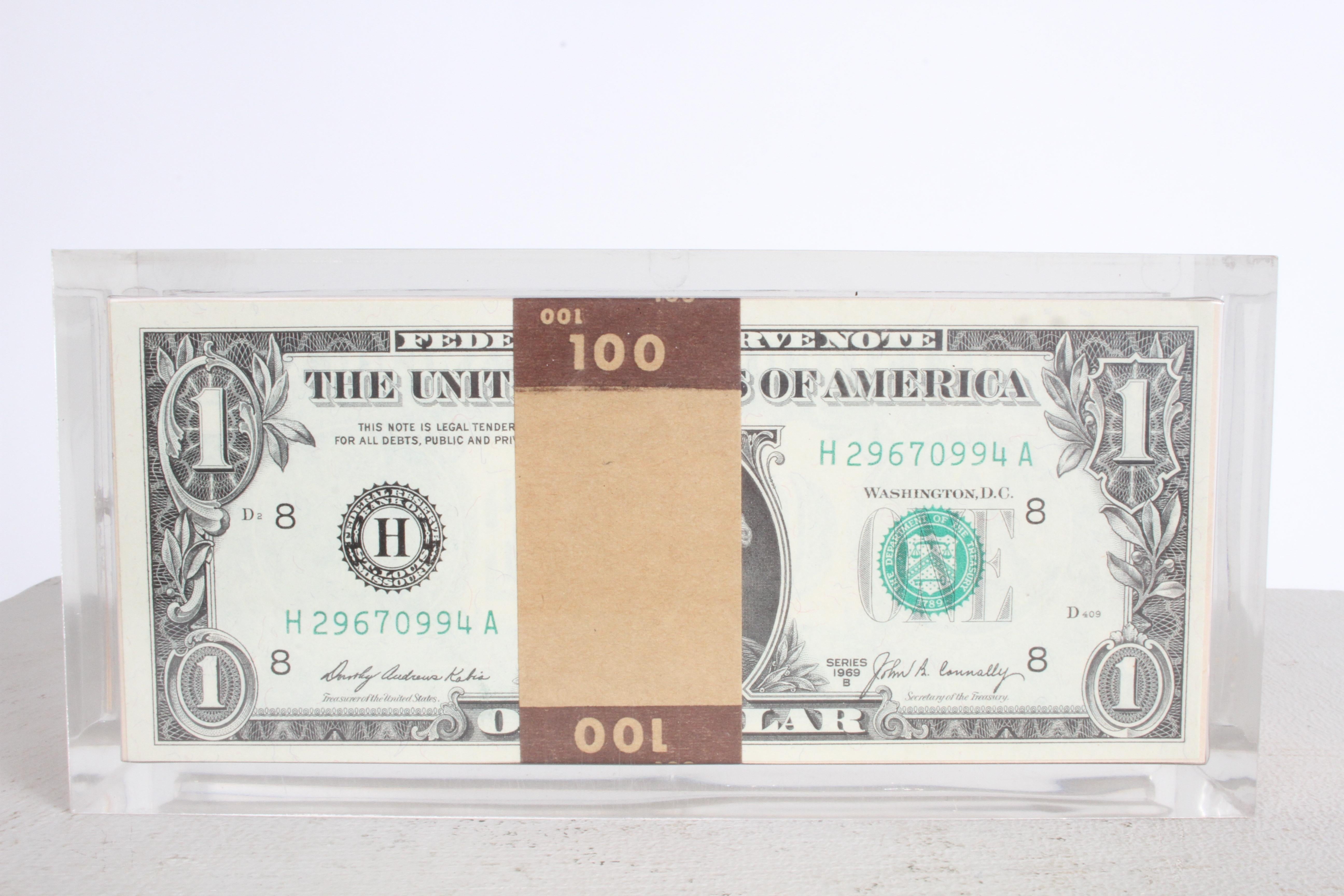 Vintage 1969 Pop Art Illusion, Stacks of 500 One Dollar Bills Lucite Sculpture 3
