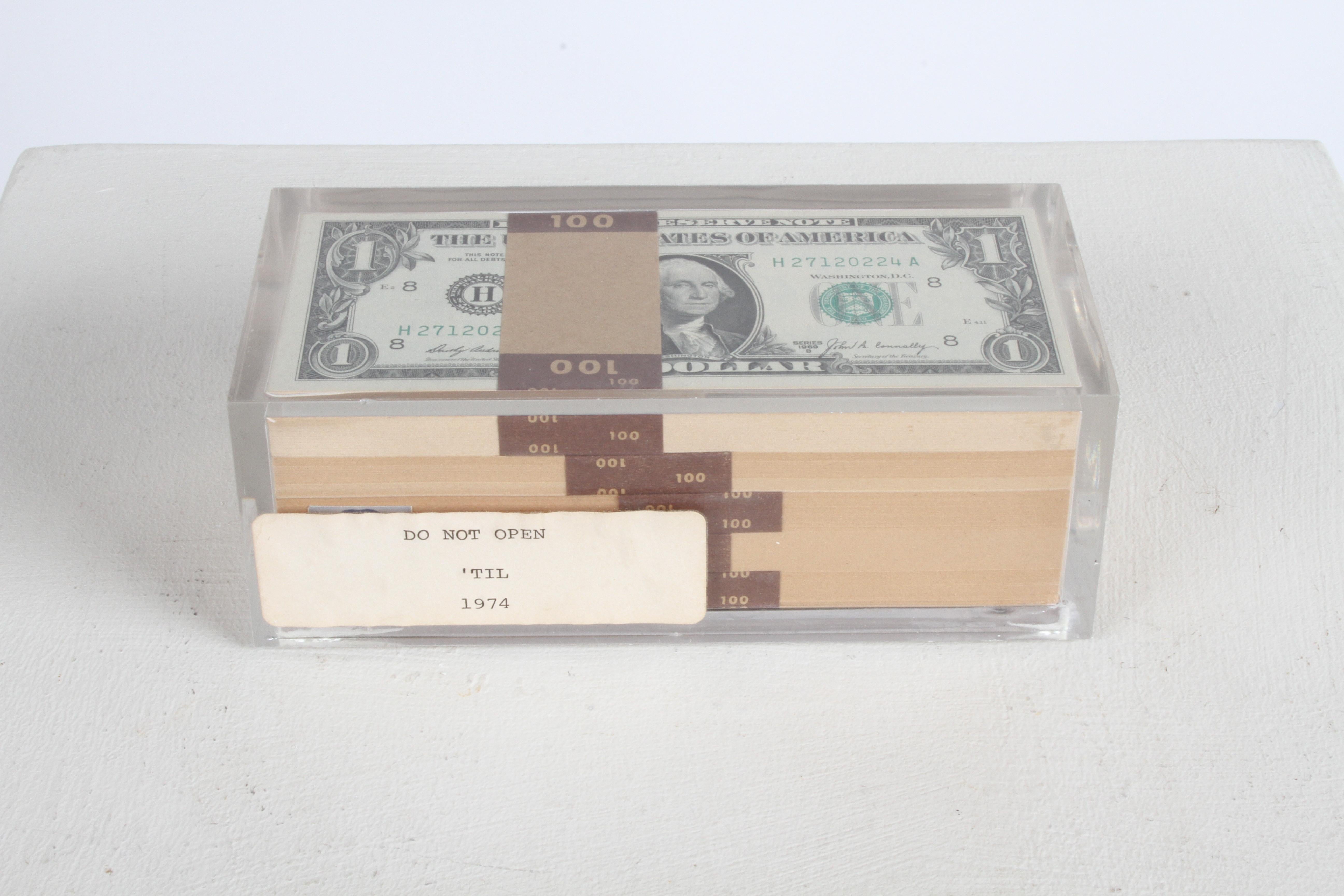 Vintage 1969 Pop Art Illusion, Stacks of 500 One Dollar Bills Lucite Sculpture 4