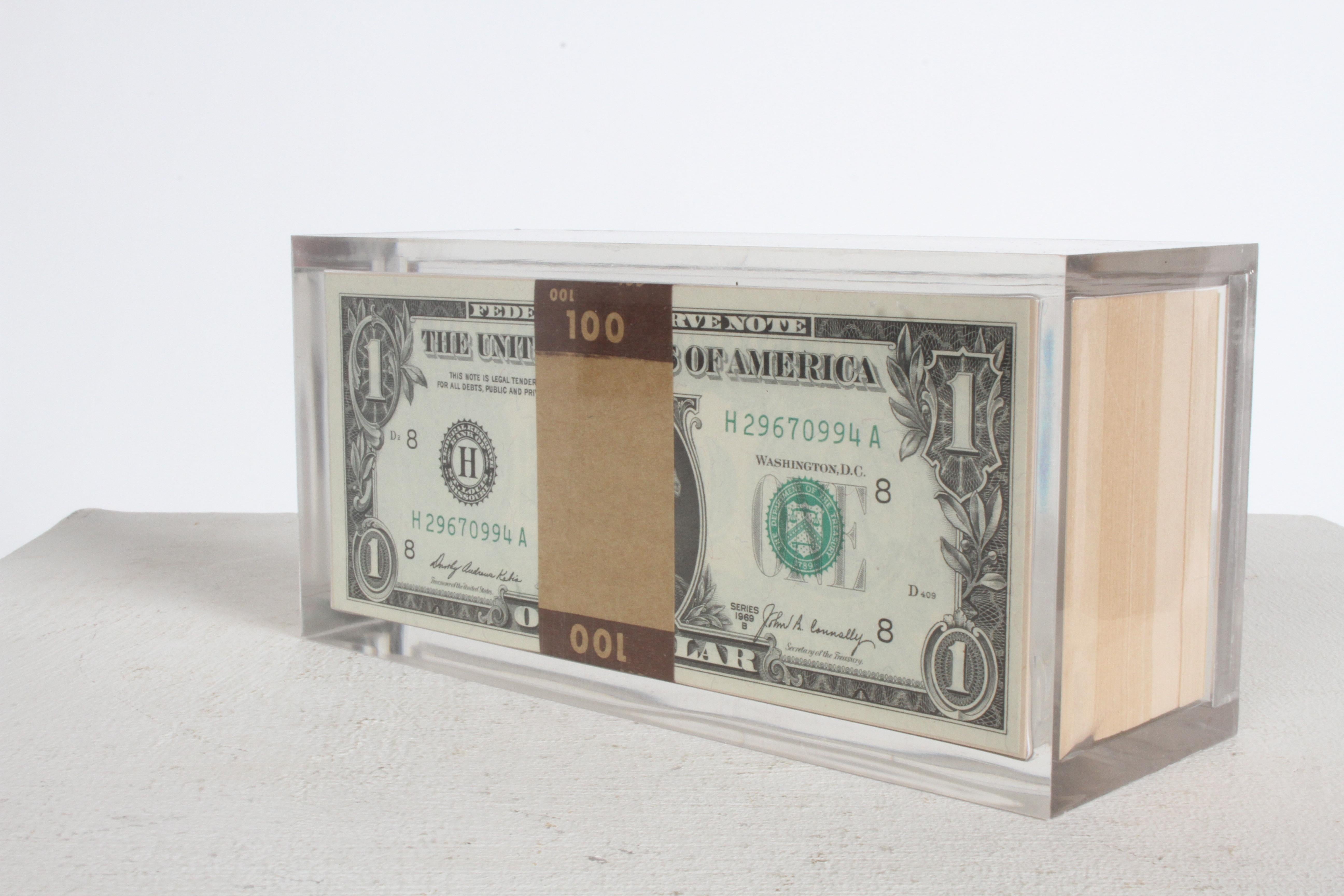 Vintage 1969 Pop Art Illusion, Stacks of 500 One Dollar Bills Lucite Sculpture 6