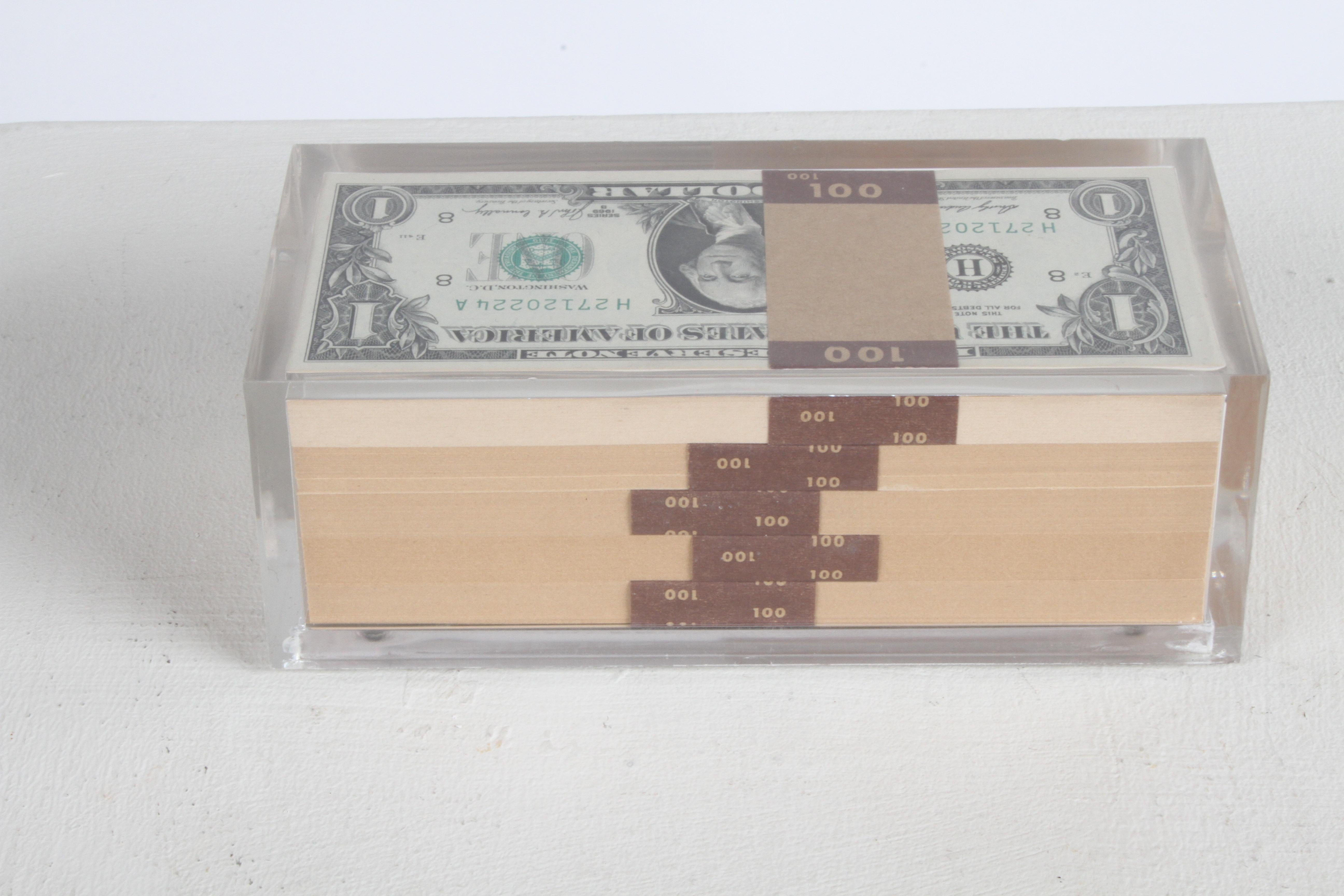 Vintage 1969 Pop Art Illusion, Stacks of 500 One Dollar Bills Lucite Sculpture 6