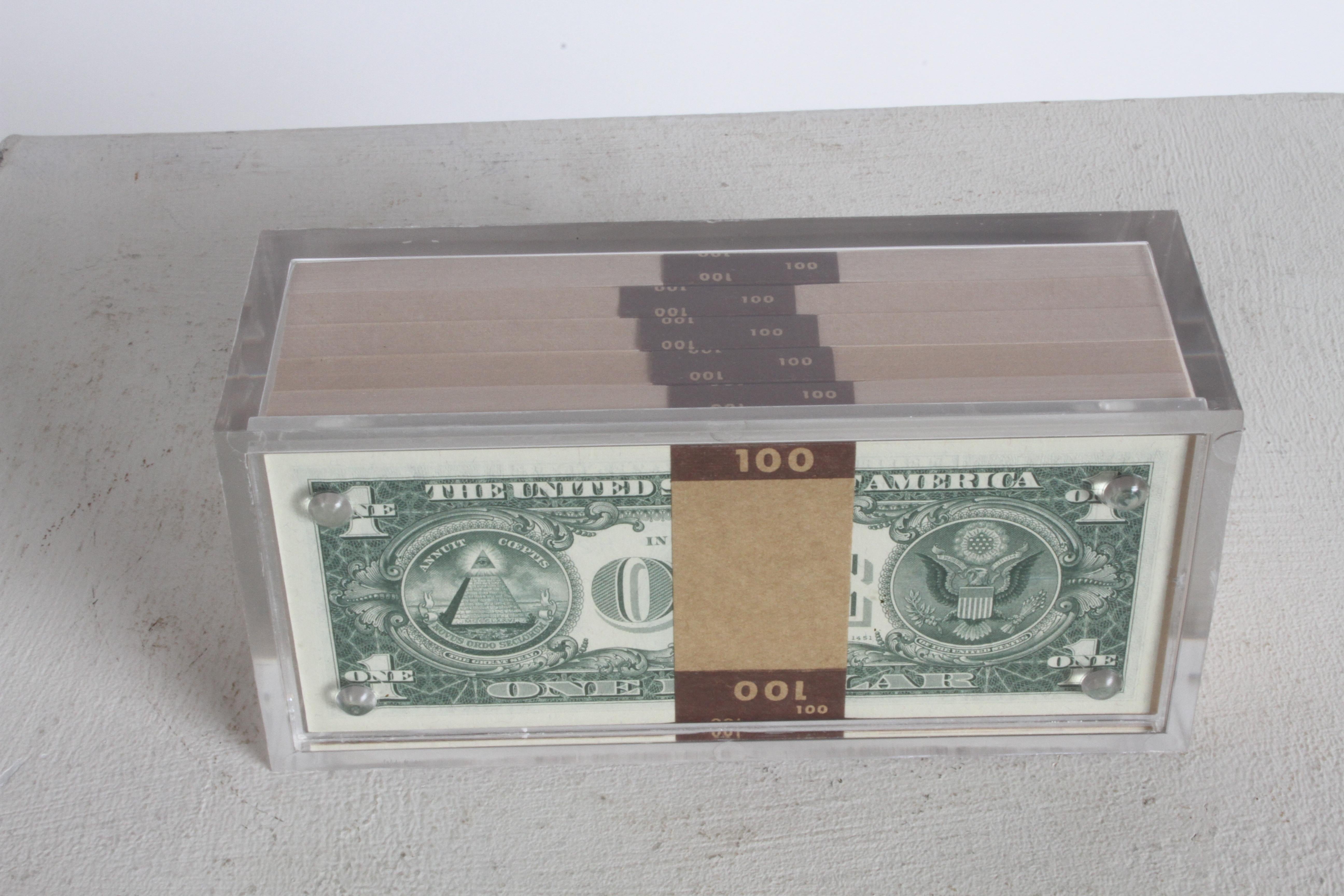 Vintage 1969 Pop Art Illusion, Stacks of 500 One Dollar Bills Lucite Sculpture 8