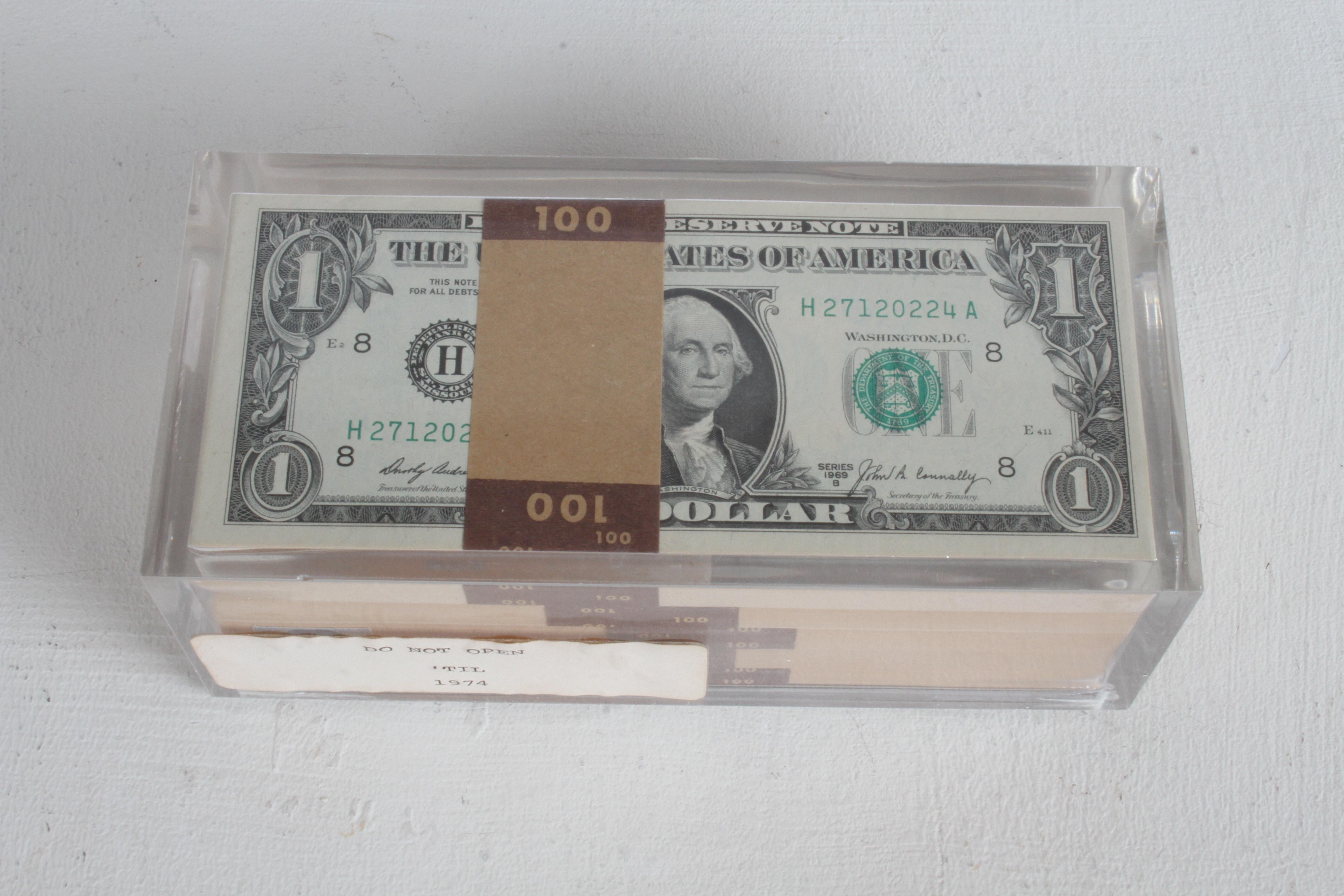 Vintage 1969 Pop Art Illusion, Stacks of 500 One Dollar Bills Lucite Sculpture 7