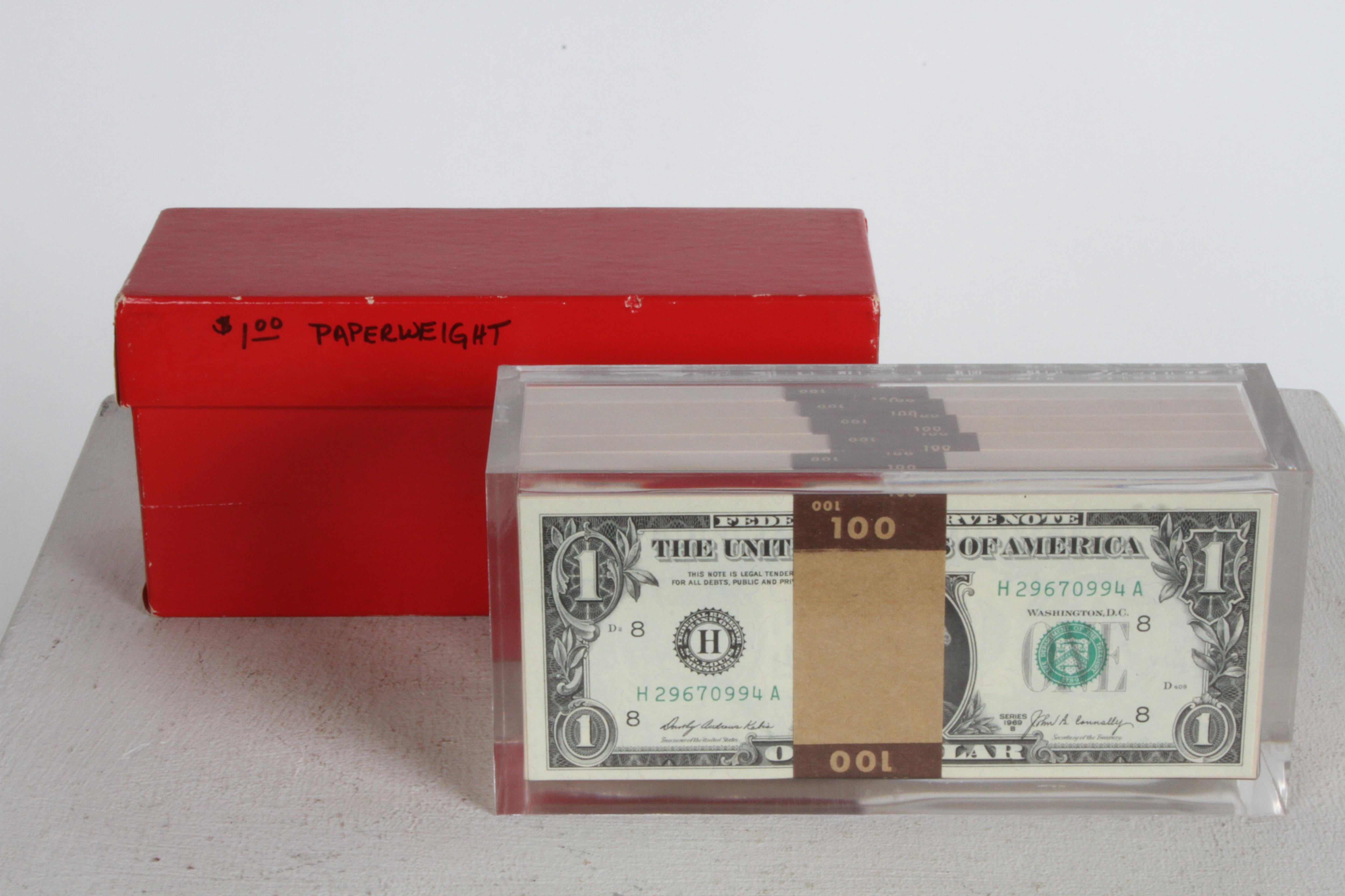 Vintage 1969 Pop Art Illusion, Stacks of 500 One Dollar Bills Lucite Sculpture 9