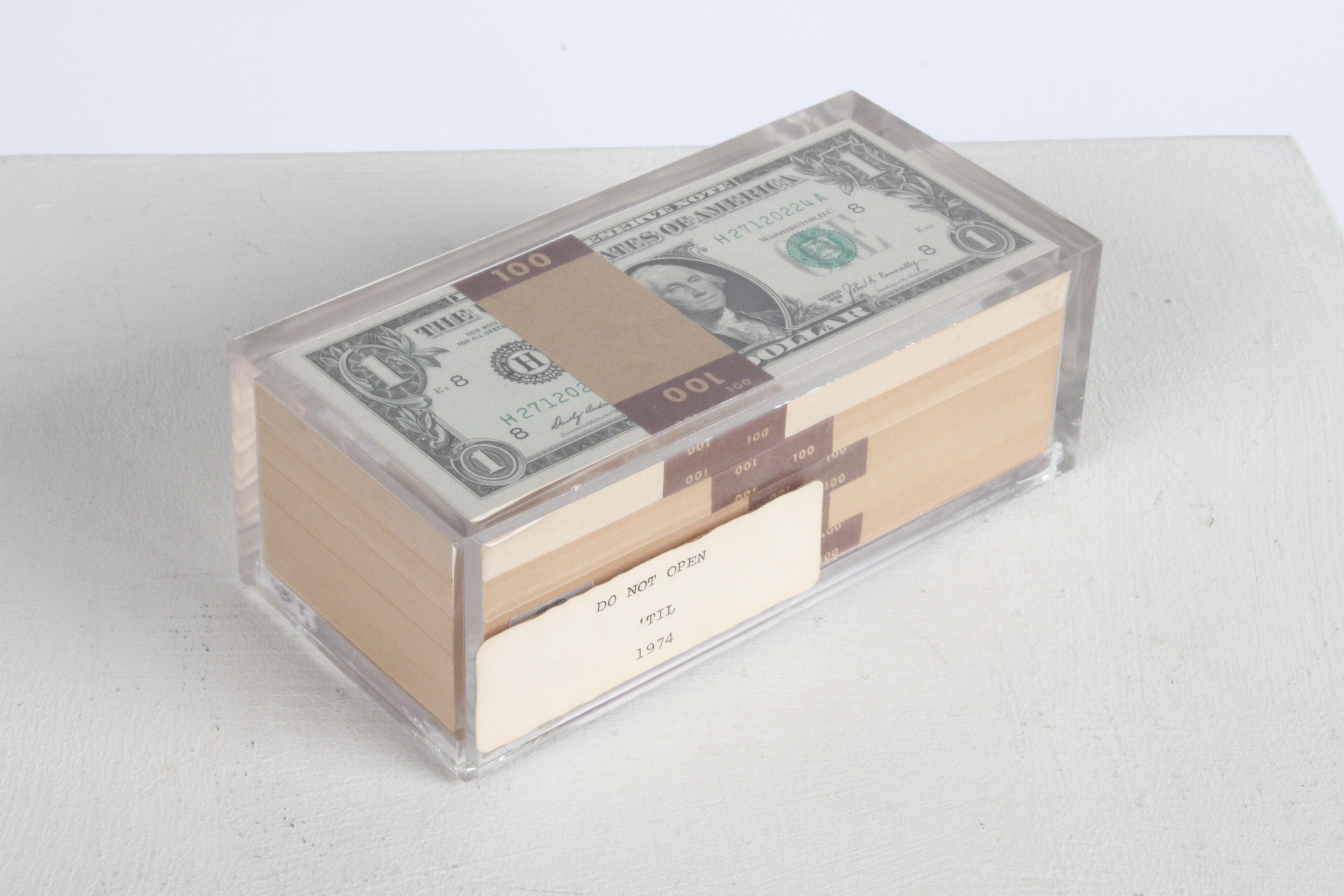 Vintage 1969 Pop Art Illusion, Stacks of 500 One Dollar Bills Lucite Sculpture 8