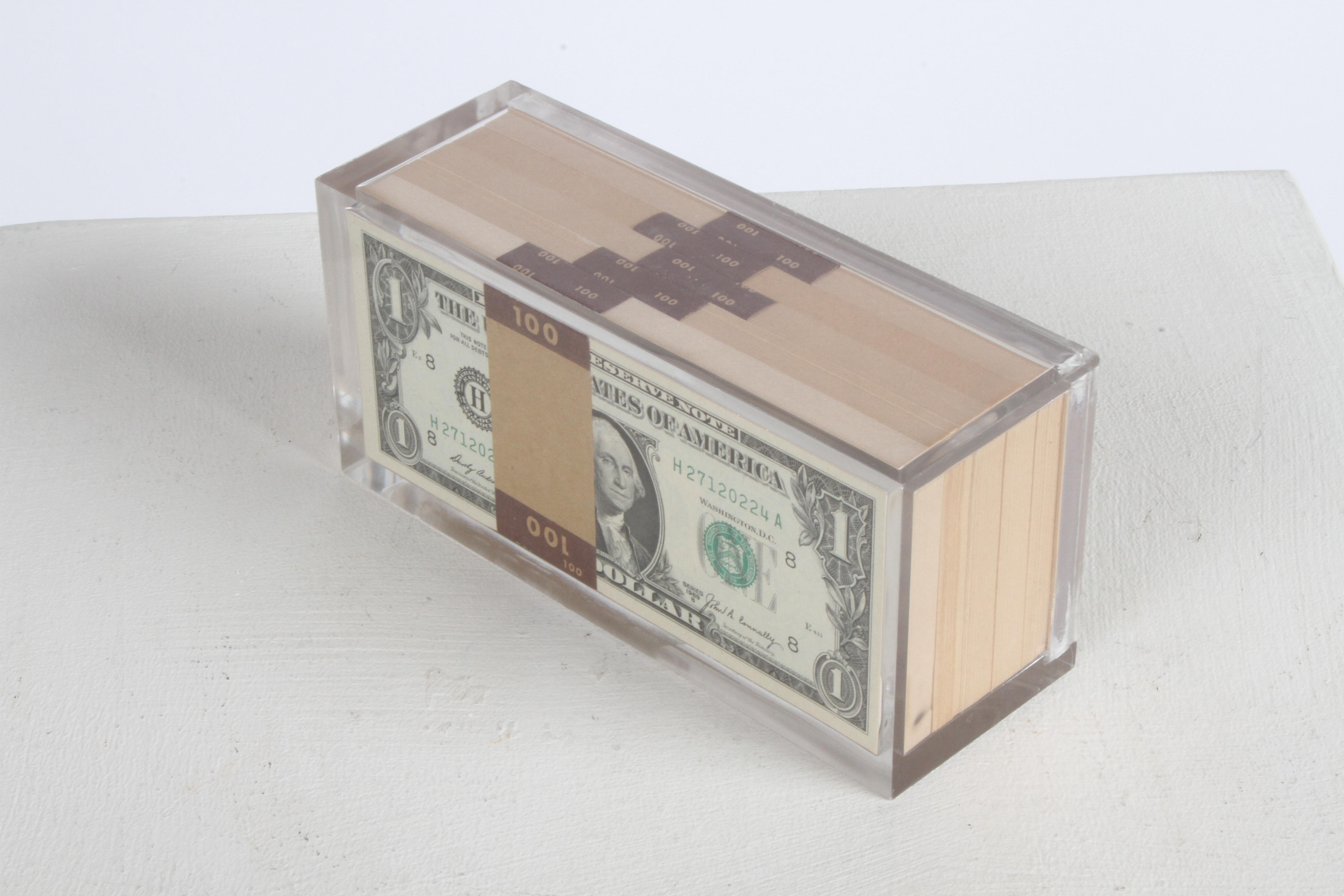 Vintage 1969 Pop Art Illusion, Stacks of 500 One Dollar Bills Lucite Sculpture 10