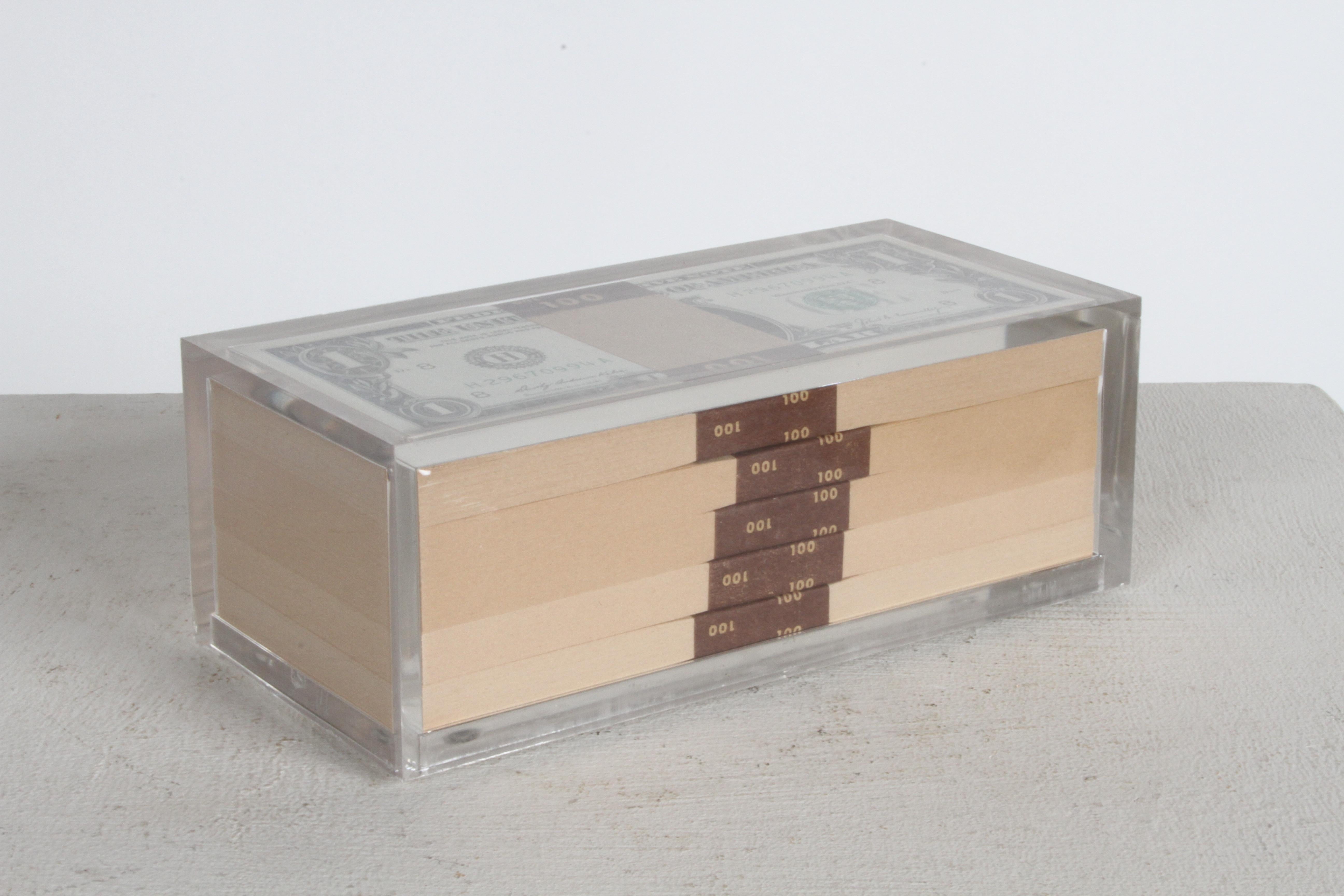 Mid-Century Modern Vintage 1969 Pop Art Illusion, Stacks of 500 One Dollar Bills Lucite Sculpture