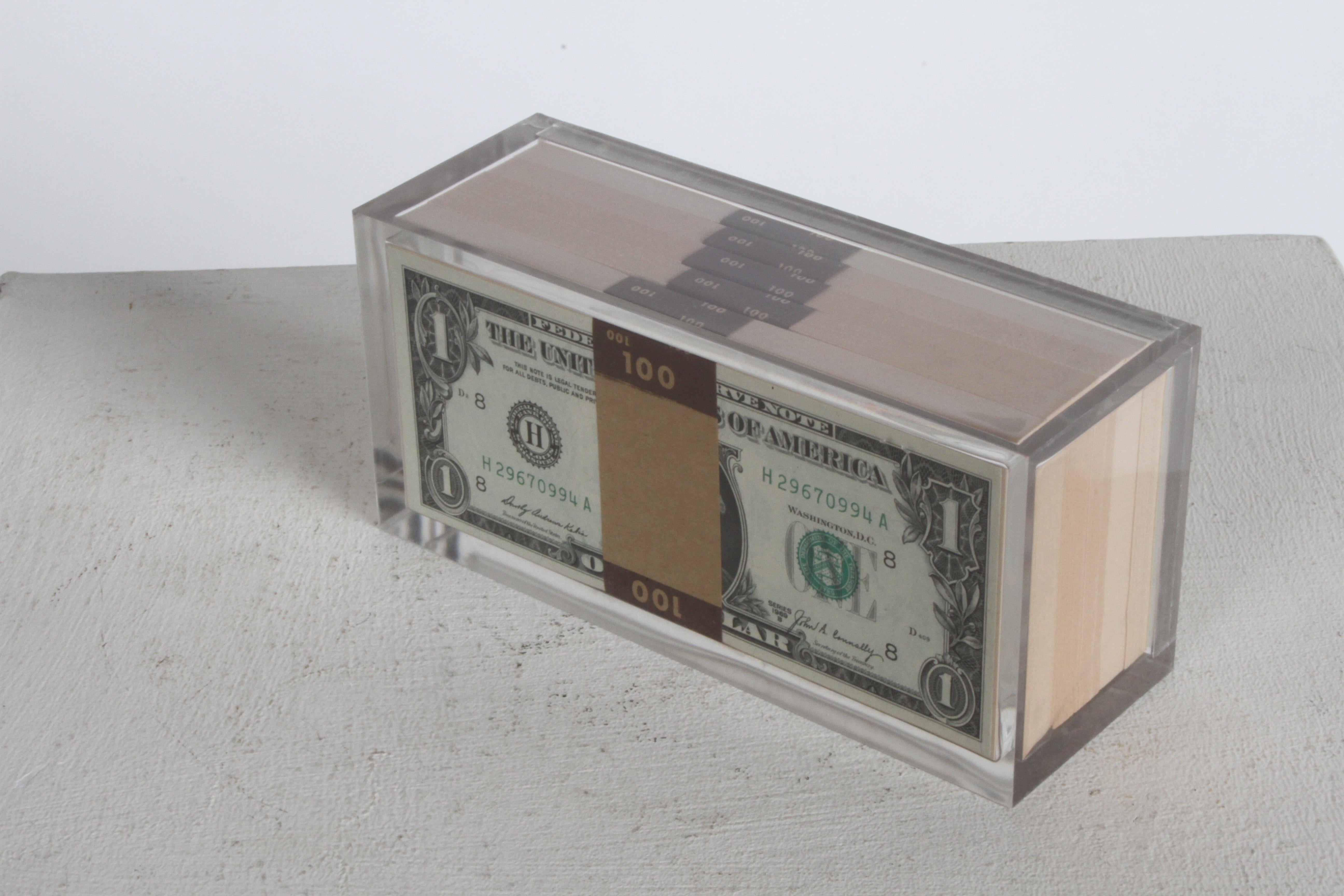 American Vintage 1969 Pop Art Illusion, Stacks of 500 One Dollar Bills Lucite Sculpture