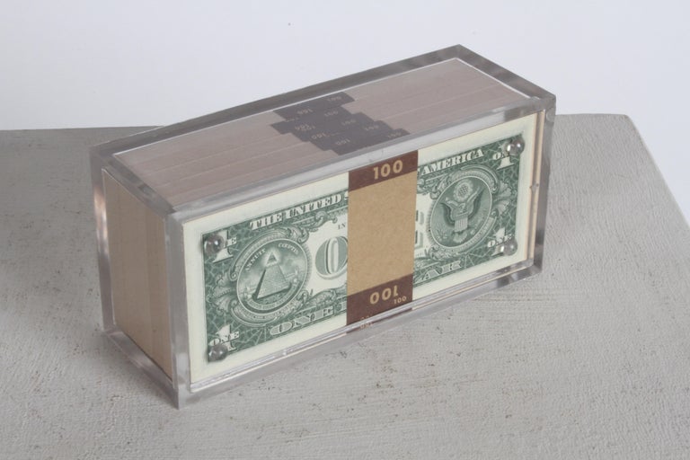 Vintage 1969 Pop Art Illusion, Stacks of 500 One Dollar Bills Lucite Sculpture  For Sale 1