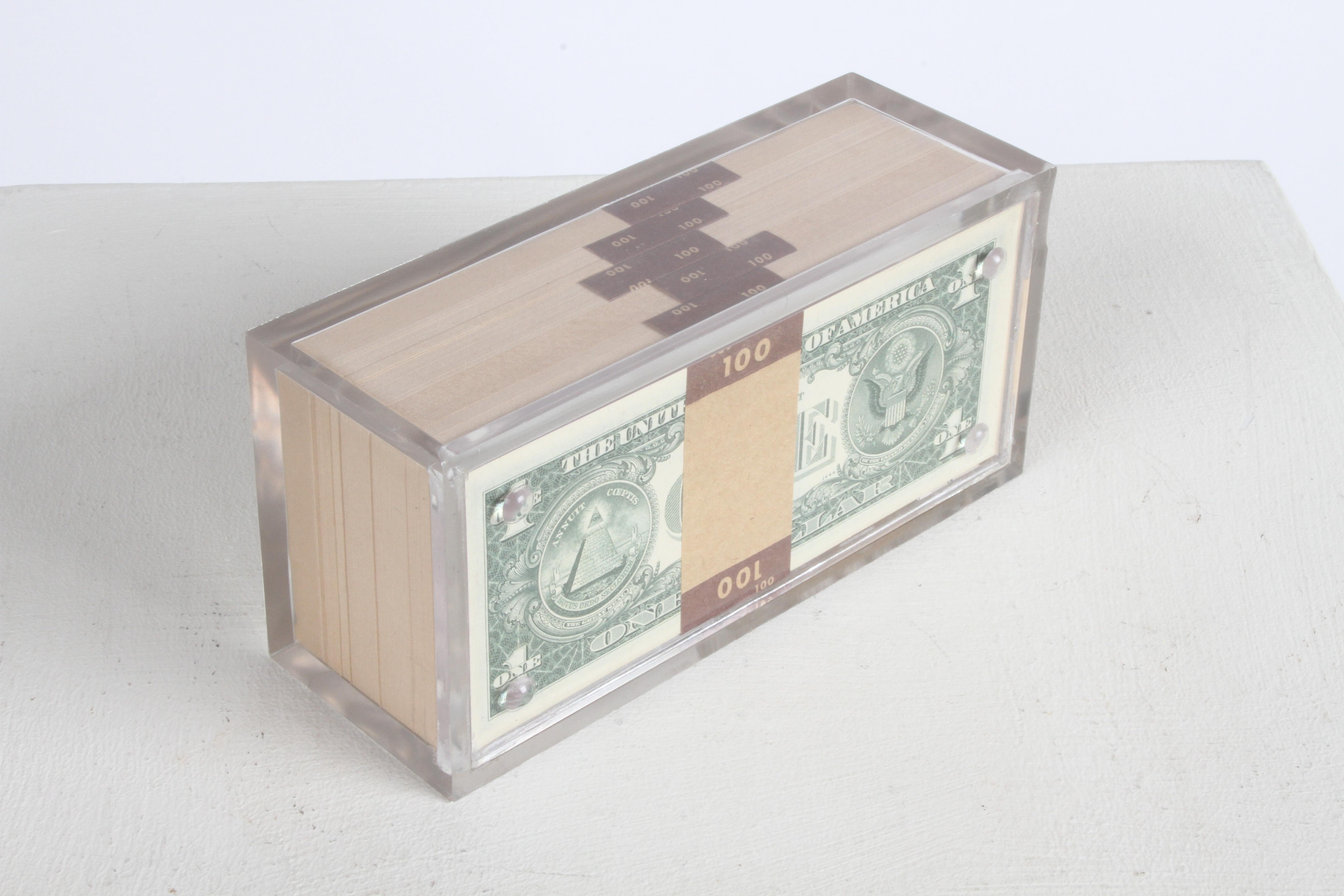American Vintage 1969 Pop Art Illusion, Stacks of 500 One Dollar Bills Lucite Sculpture