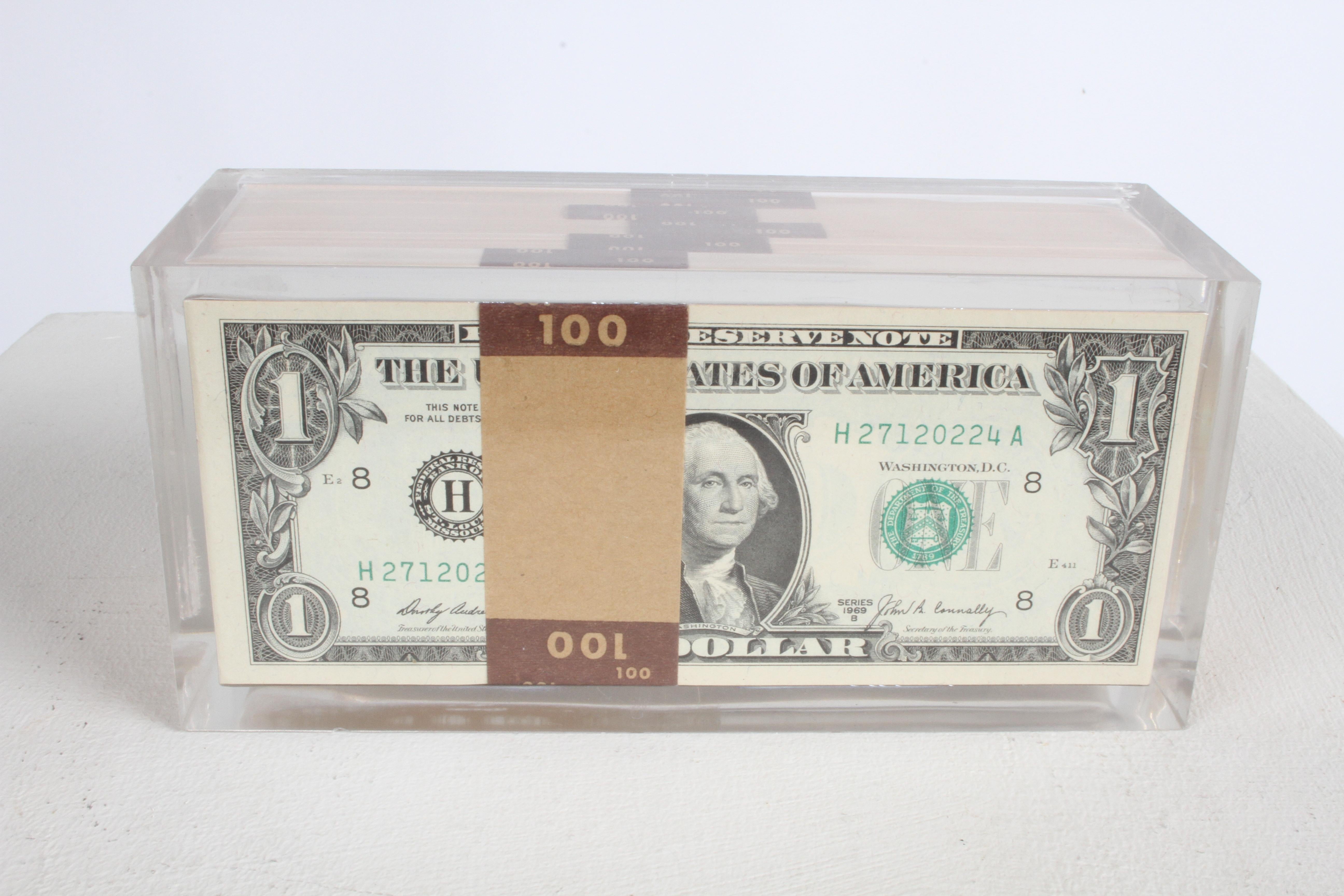 Vintage 1969 Pop Art Illusion, Stacks of 500 One Dollar Bills Lucite Sculpture In Good Condition In St. Louis, MO