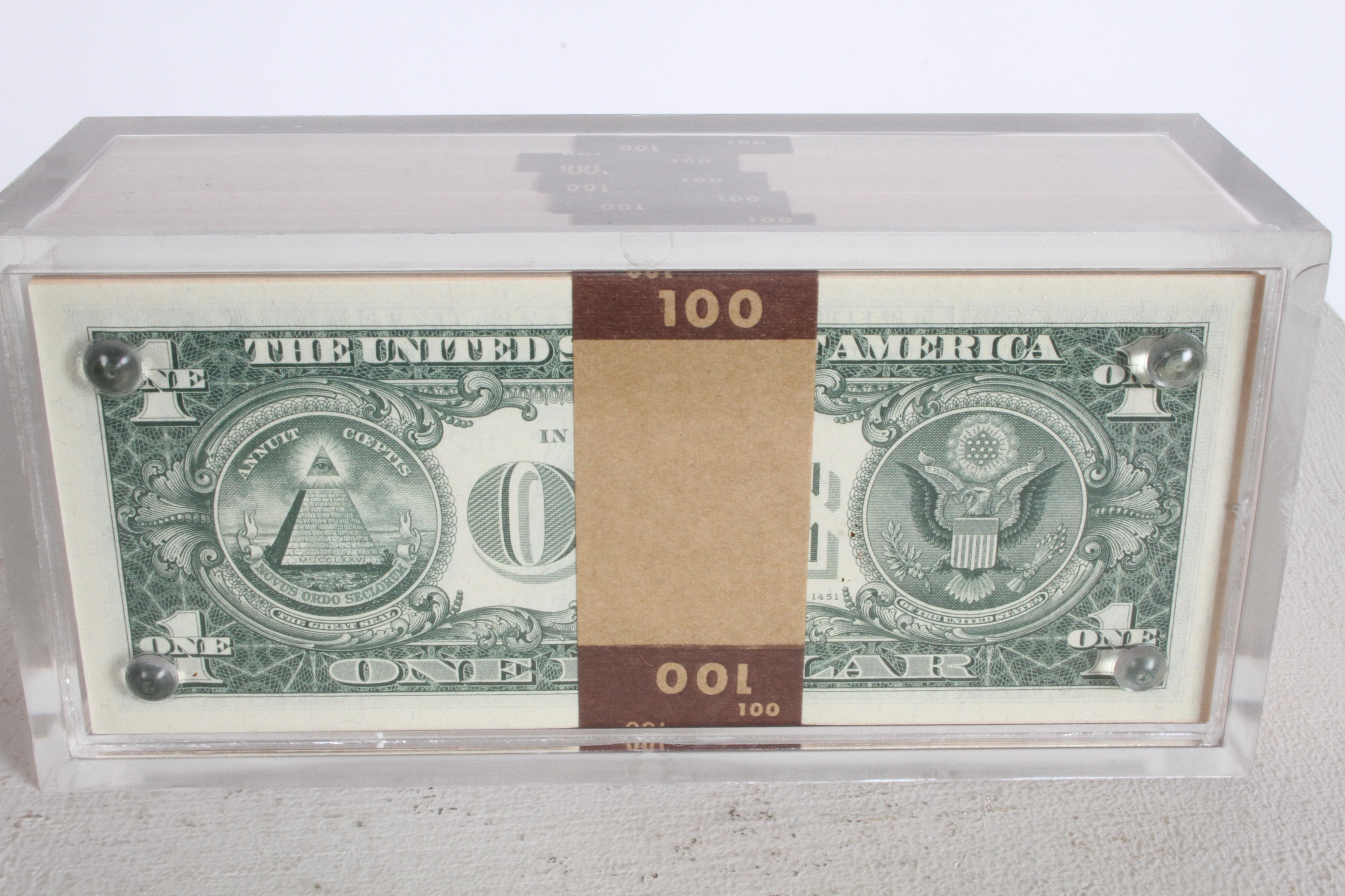 Vintage 1969 Pop Art Illusion, Stacks of 500 One Dollar Bills Lucite Sculpture 1