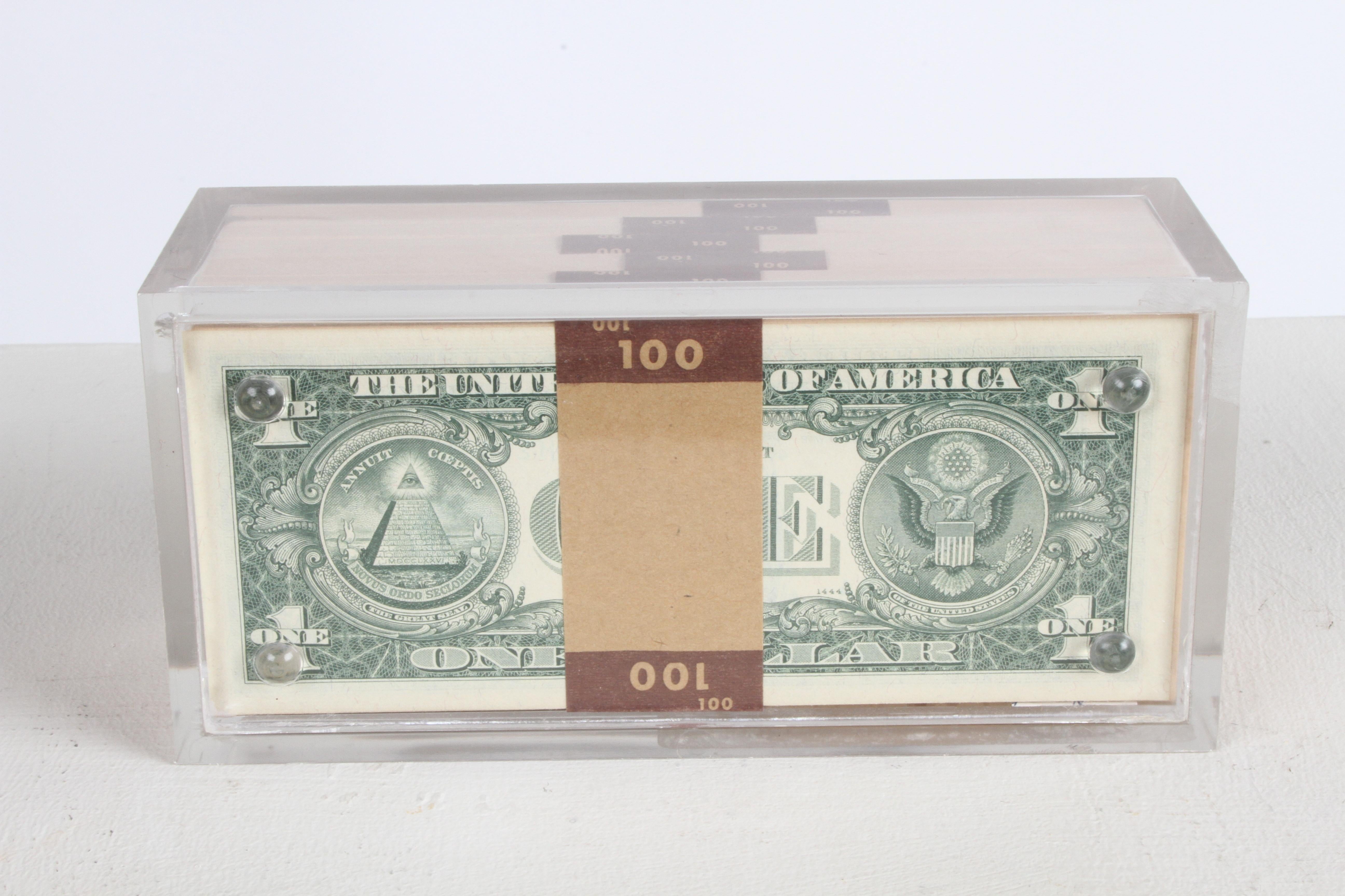 Mid-20th Century Vintage 1969 Pop Art Illusion, Stacks of 500 One Dollar Bills Lucite Sculpture