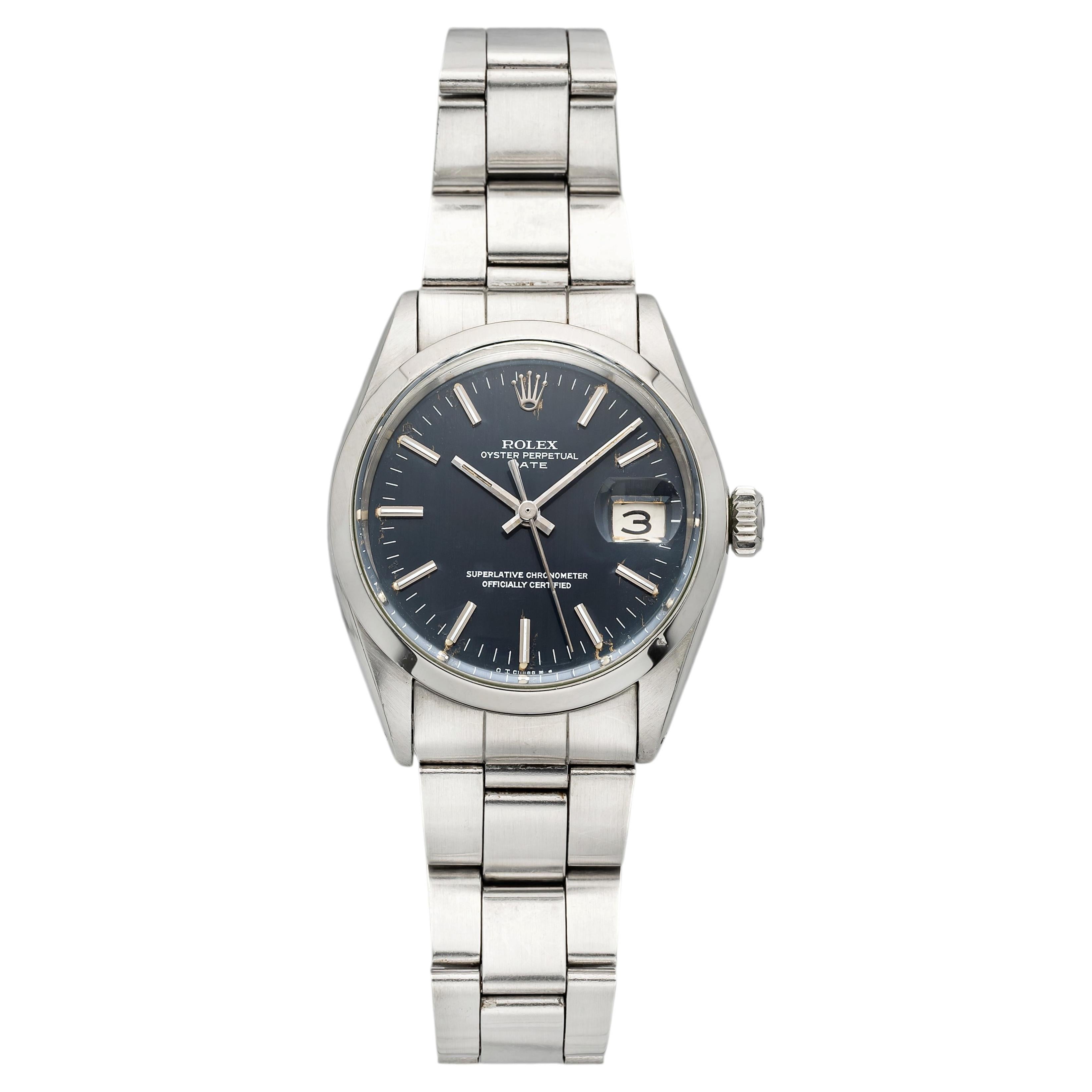 Pre-owned Rolex Vintage 1969  Oyster Perpetual Date 1500 Steel Blue Dial Auto 34mm