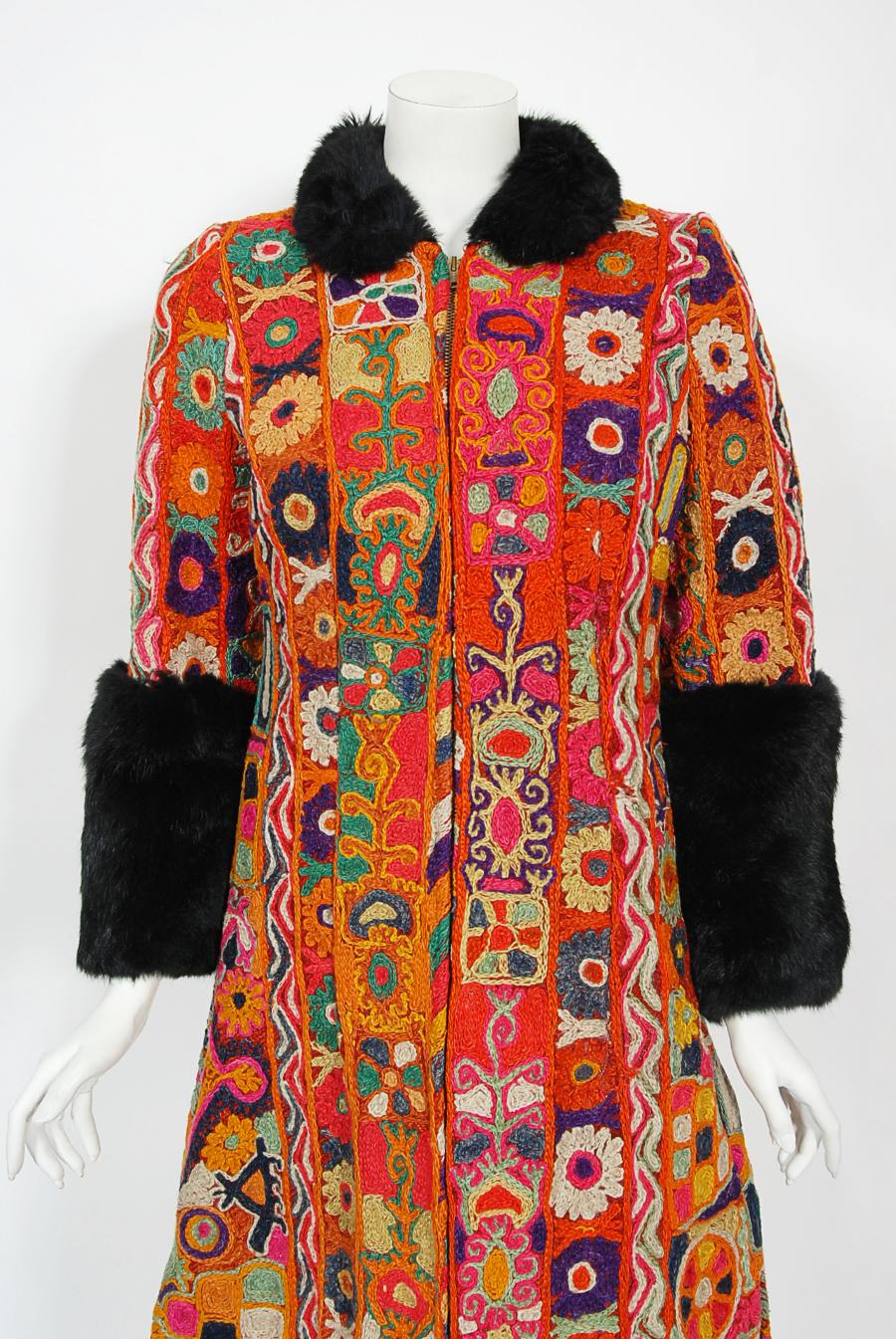 Vintage 1969 Thea Porter Couture Rare 'Samawa' Embroidered Wool Documented Coat For Sale 8