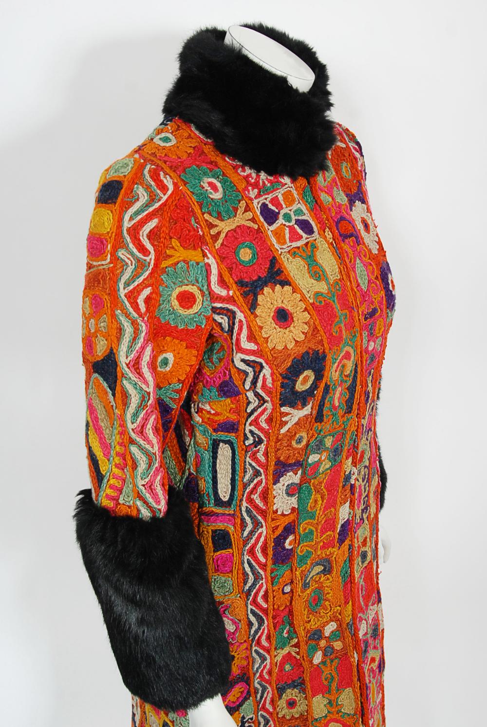 Vintage 1969 Thea Porter Couture Rare 'Samawa' Embroidered Wool Documented Coat For Sale 9