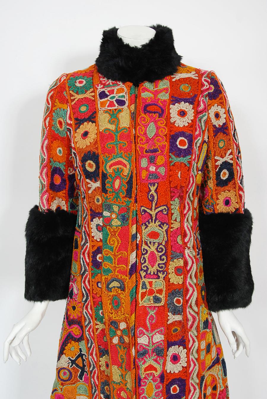 Vintage 1969 Thea Porter Couture Rare 'Samawa' Embroidered Wool Documented Coat In Good Condition For Sale In Beverly Hills, CA