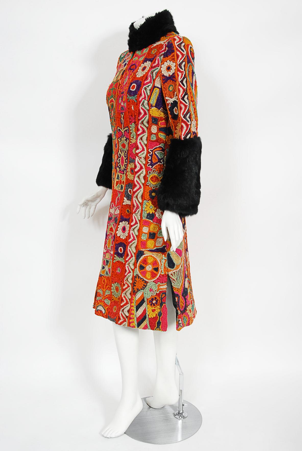 Vintage 1969 Thea Porter Couture Rare 'Samawa' Embroidered Wool Documented Coat For Sale 1