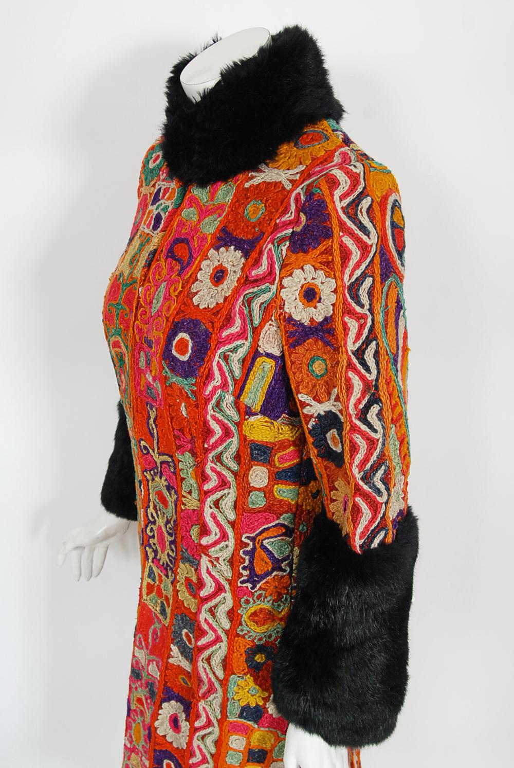 Archival 1969 Thea Porter Couture Rare 'Samawa' Embroidered Wool Documented Coat For Sale 1