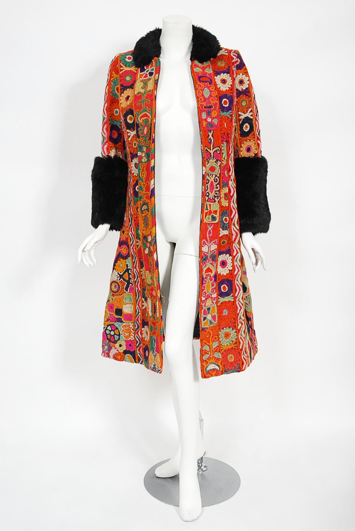 Vintage 1969 Thea Porter Couture Rare 'Samawa' Embroidered Wool Documented Coat For Sale 5