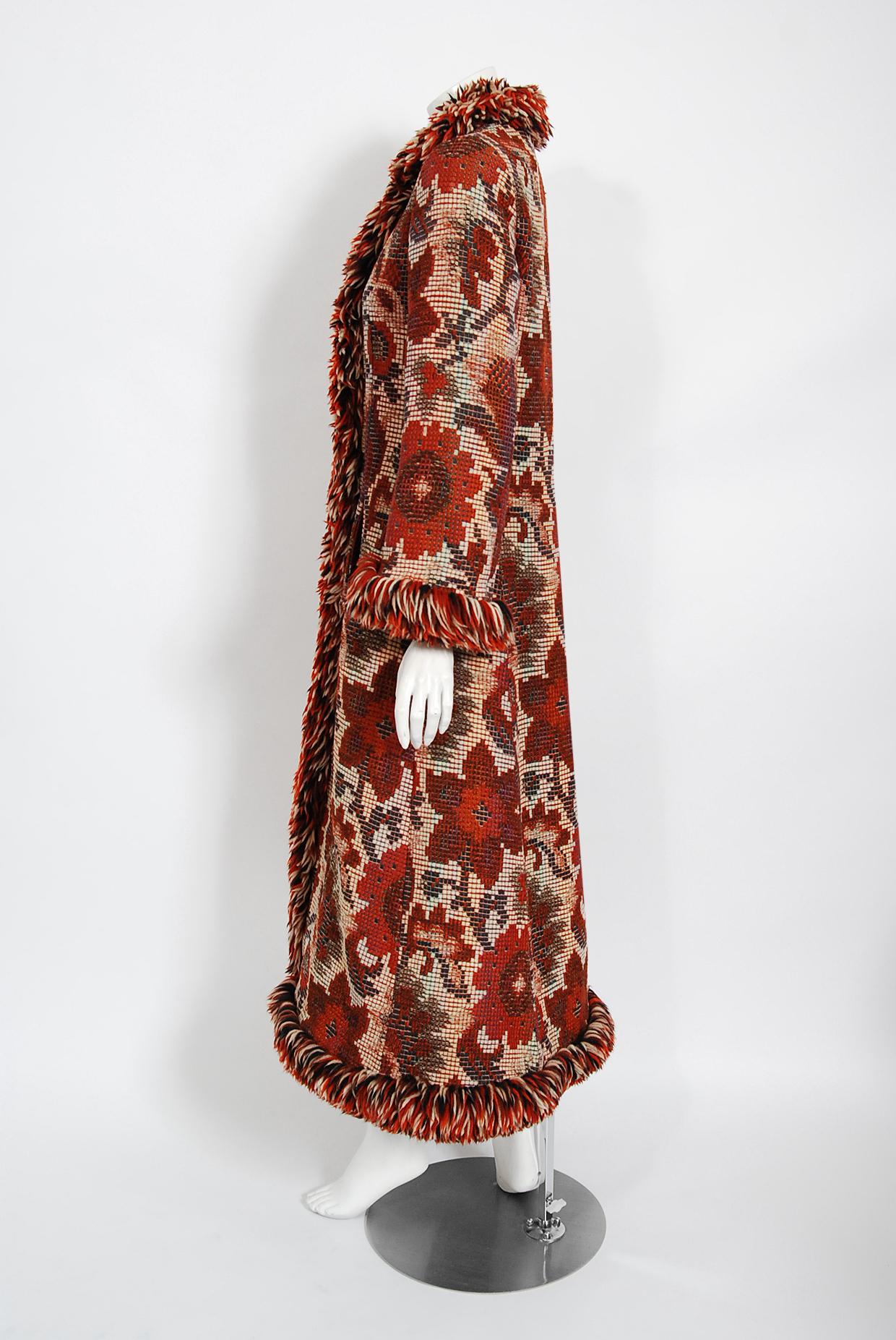 Brown Vintage 1970 Anne Klein Burnt-Orange Floral Wool Tapestry Bohemian Jacket Coat  