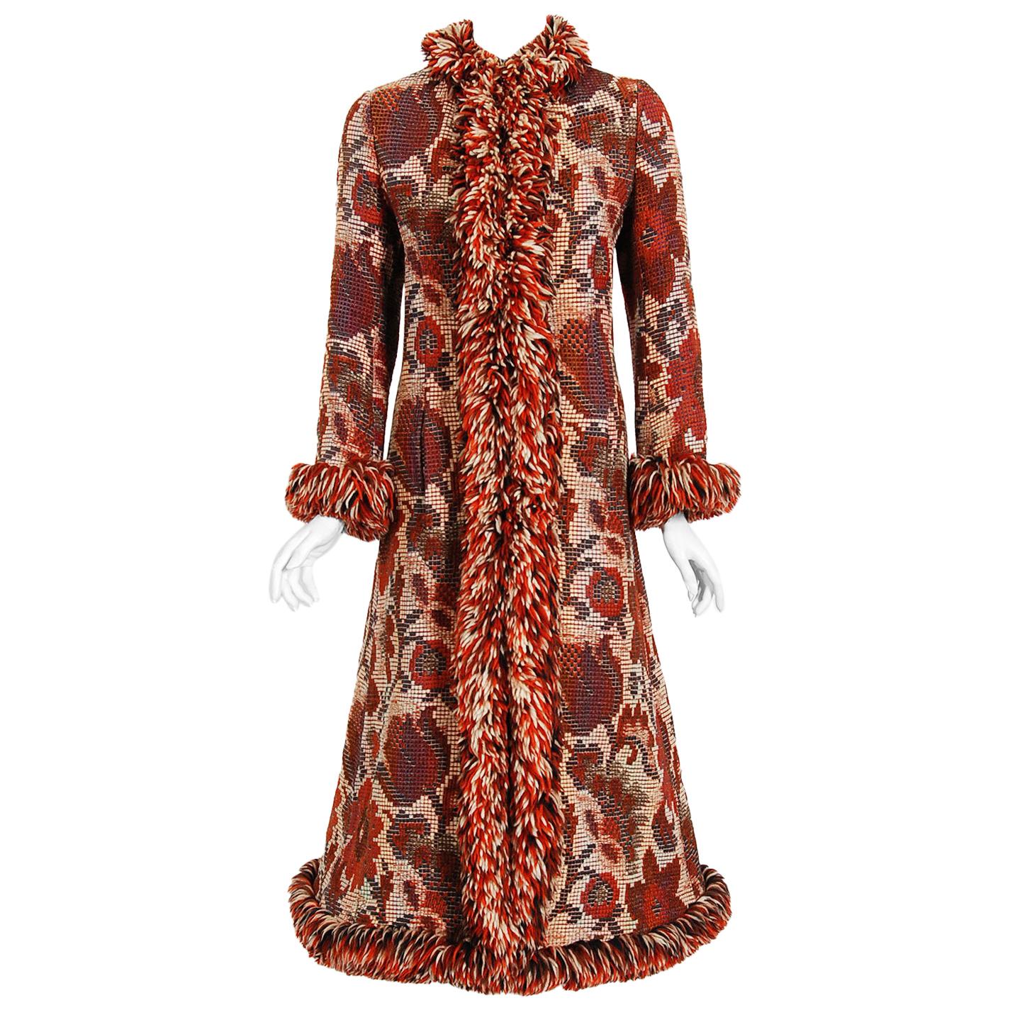 Vintage 1970 Anne Klein Burnt-Orange Floral Wool Tapestry Bohemian Jacket Coat  