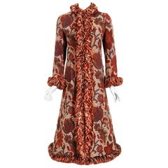 Retro 1970 Anne Klein Burnt-Orange Floral Wool Tapestry Bohemian Jacket Coat  