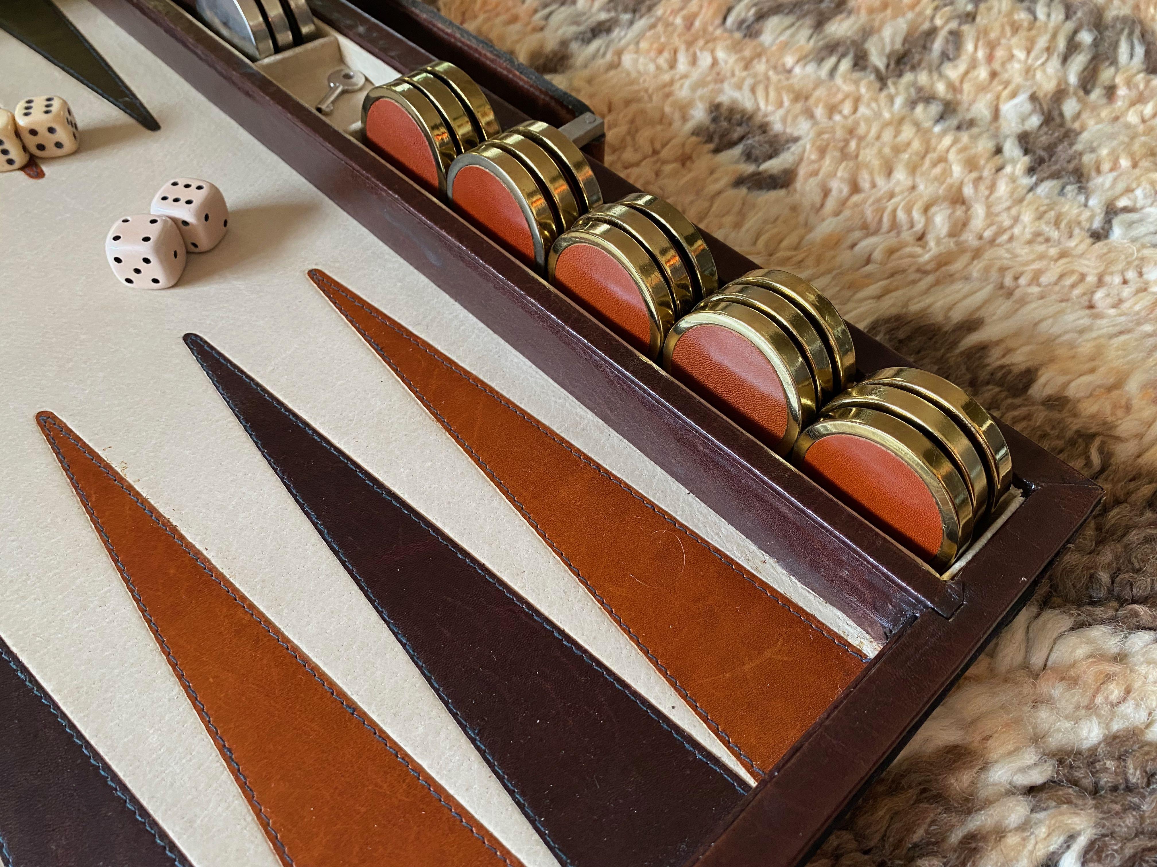 Arts and Crafts Vintage 1970 Backgammon Rare Etienne Aigner Handmade Soft Leather Set