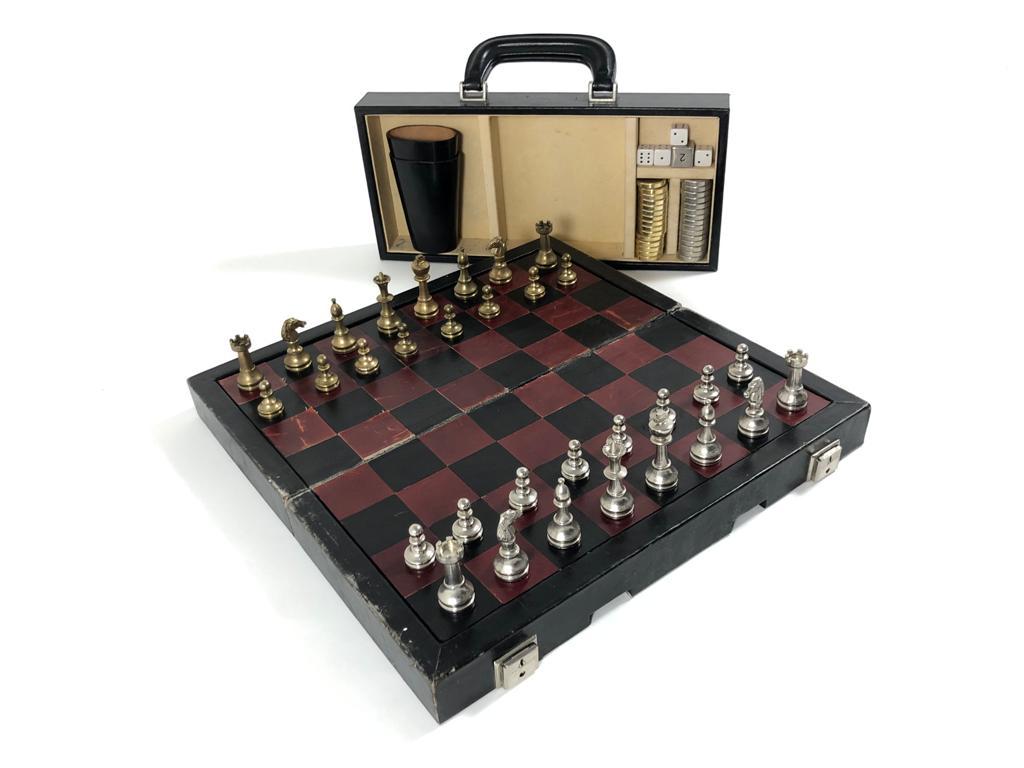 French Vintage 1970 Backgammon & Chess Rare Etienne Aigner Black Soft Leather Set For Sale