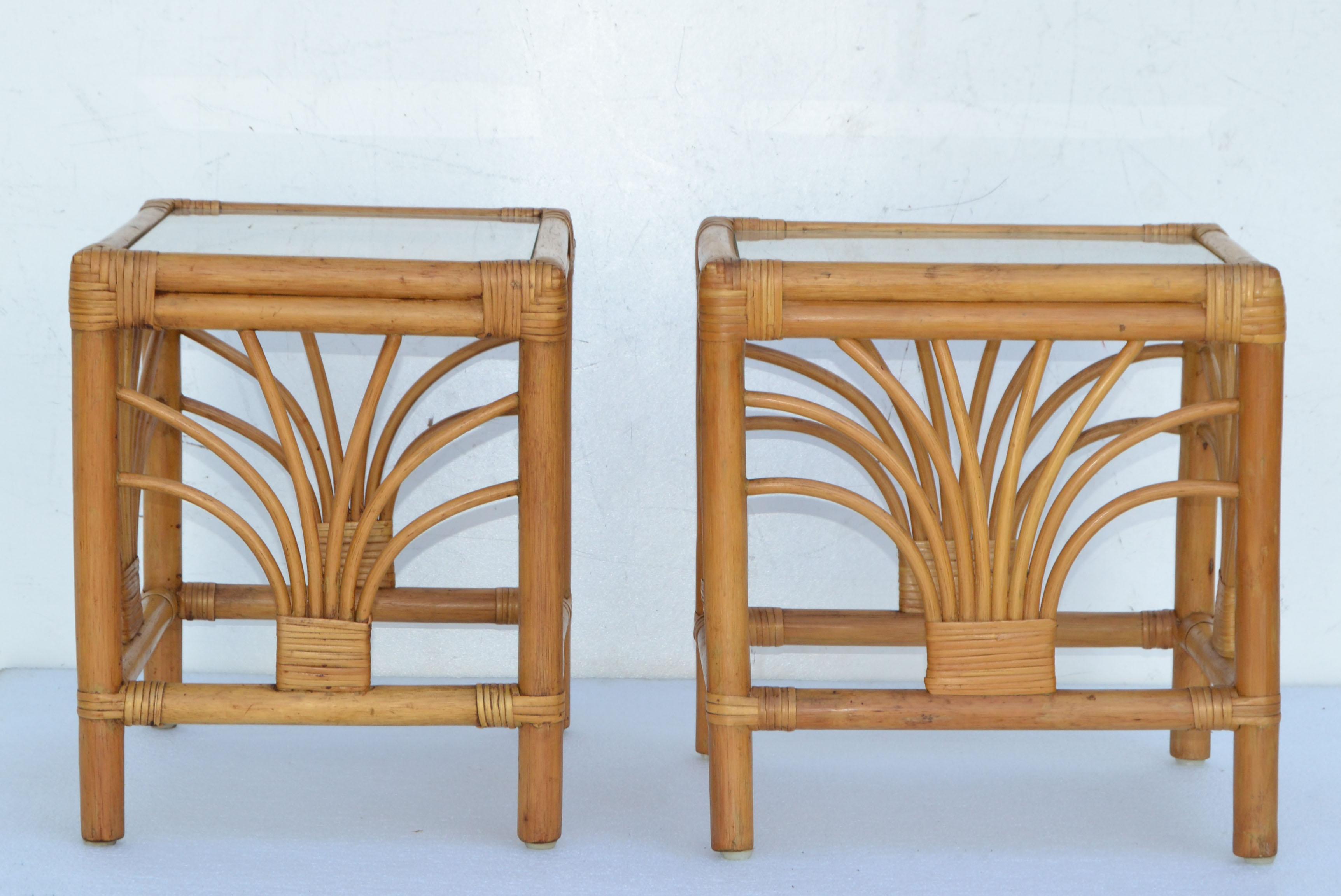 Vintage 1970 Bohemian Handmade Bamboo, Reed, Cane & Glass Top Side Table, Pair  For Sale 2