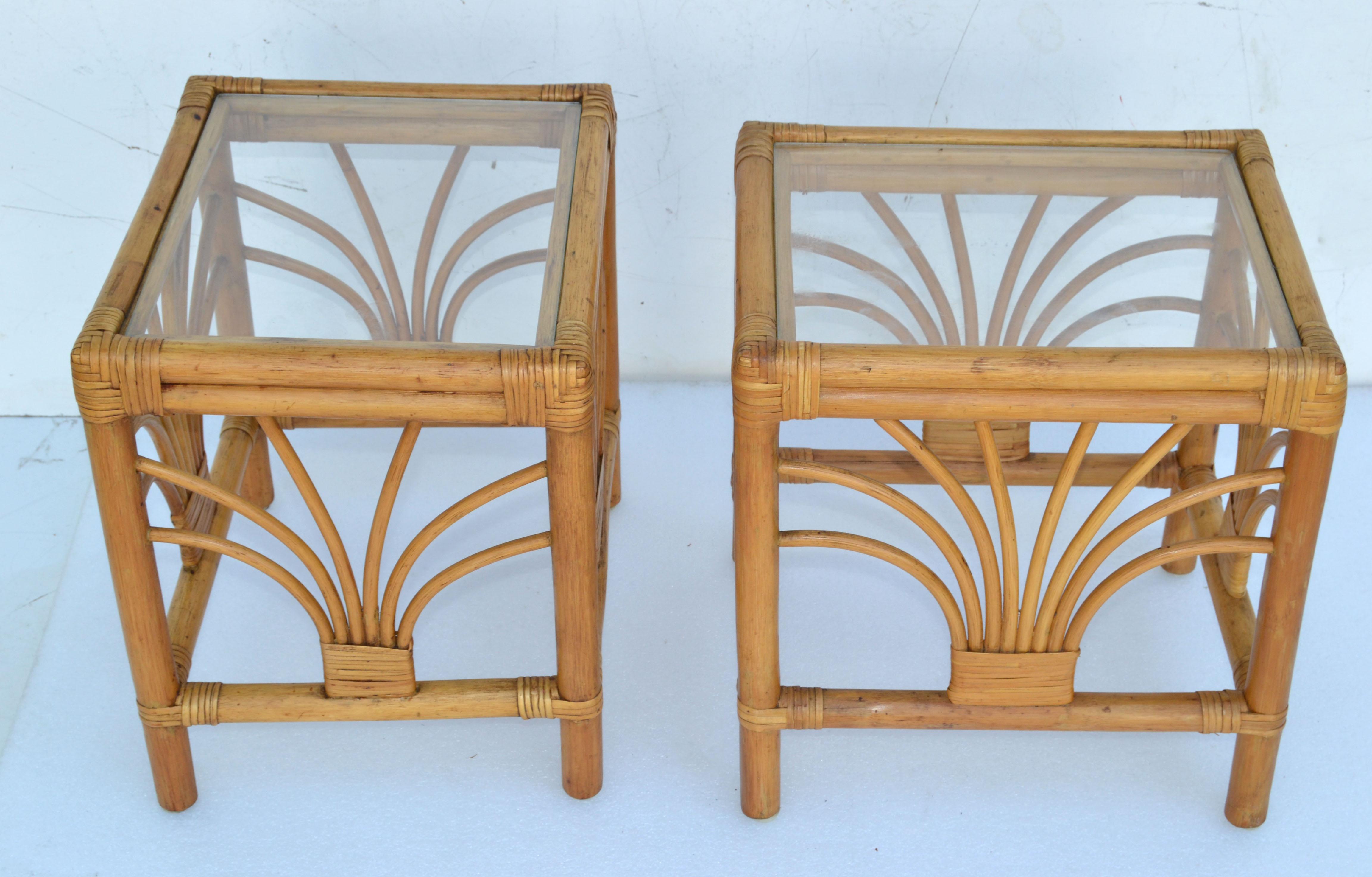 Vintage 1970 Bohemian Handmade Bamboo, Reed, Cane & Glass Top Side Table, Pair  For Sale 3