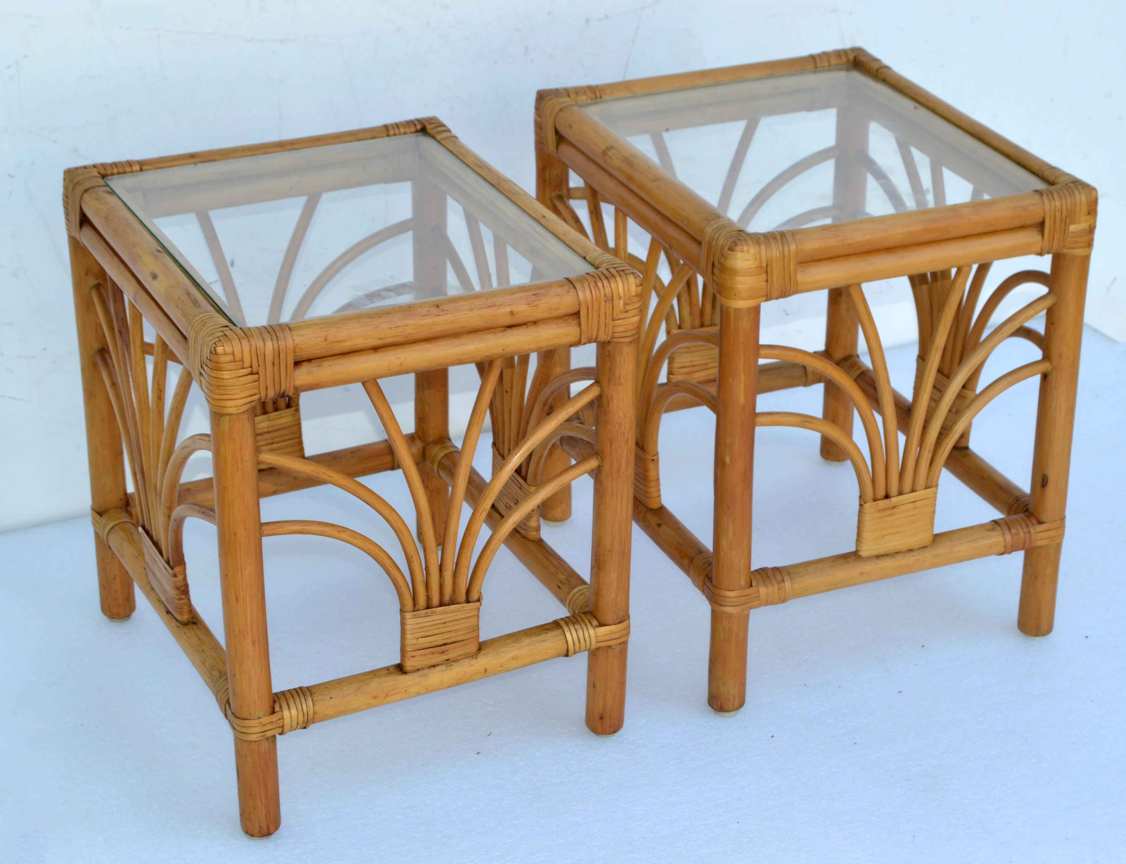 Vintage 1970 Bohemian Handmade Bamboo, Reed, Cane & Glass Top Side Table, Pair  For Sale 4