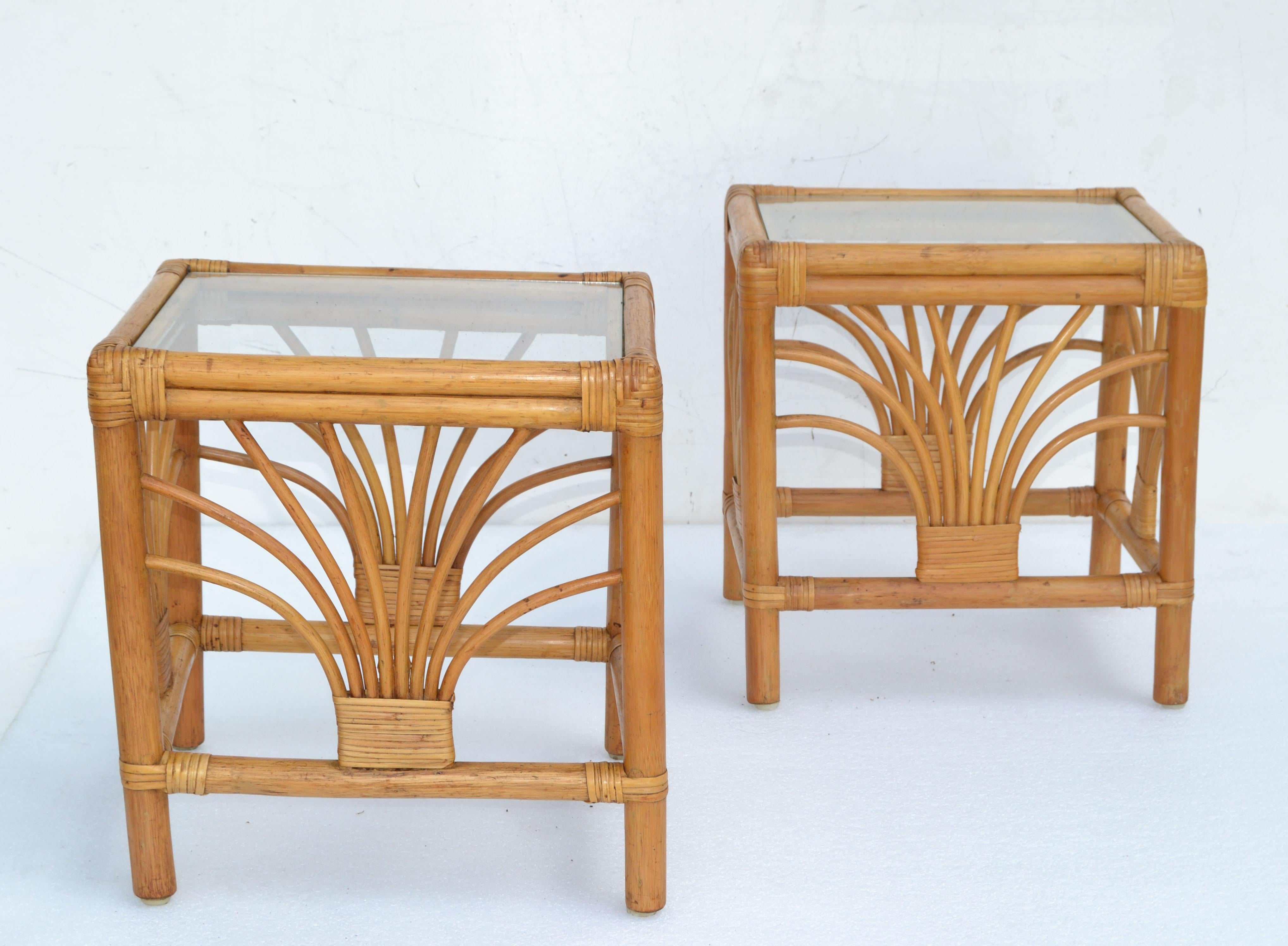 Vintage 1970 Bohemian Handmade Bamboo, Reed, Cane & Glass Top Side Table, Pair  For Sale 5
