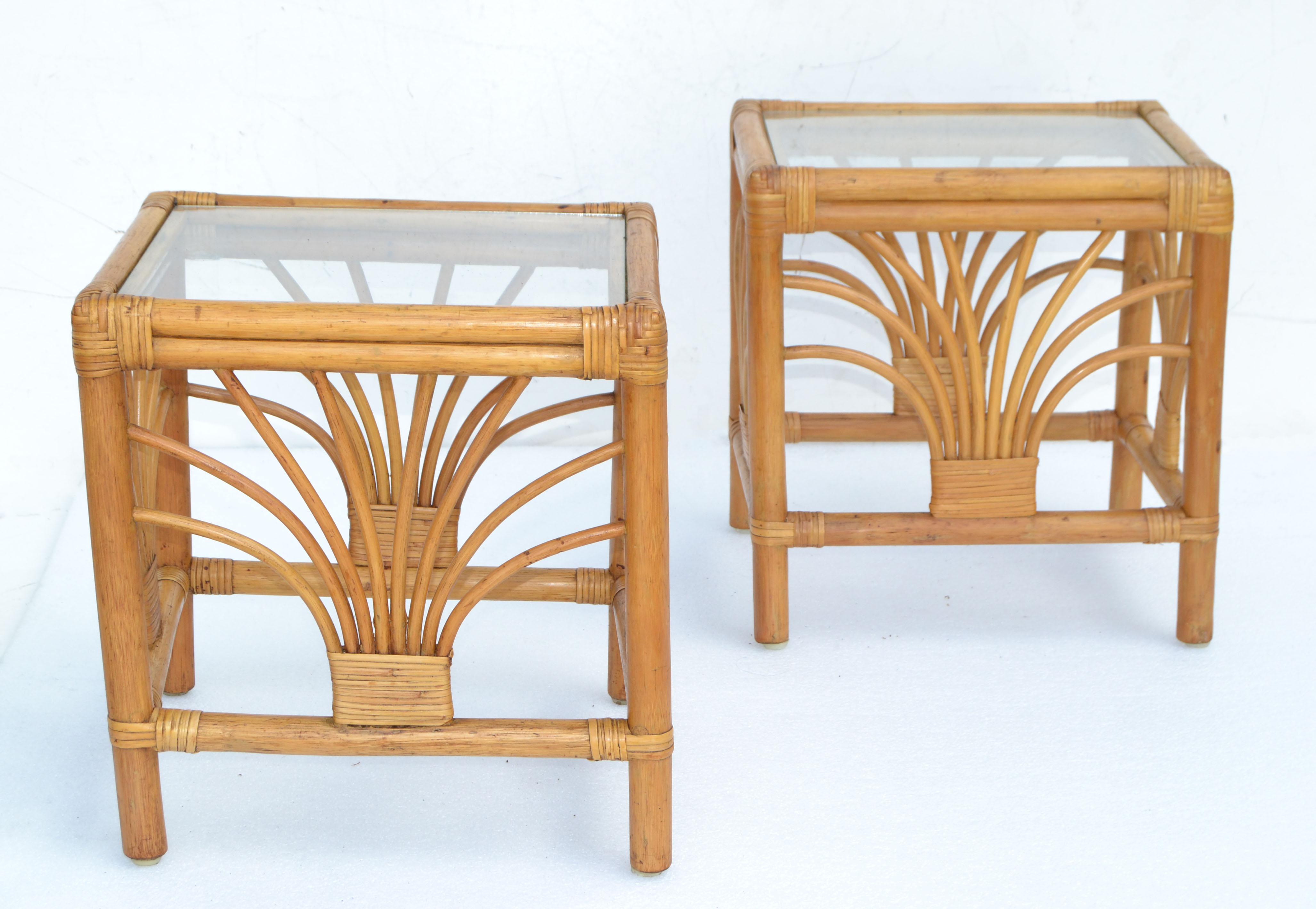 Mid-Century Modern Vintage 1970 Bohemian Handmade Bamboo, Reed, Cane & Glass Top Side Table, Pair  For Sale