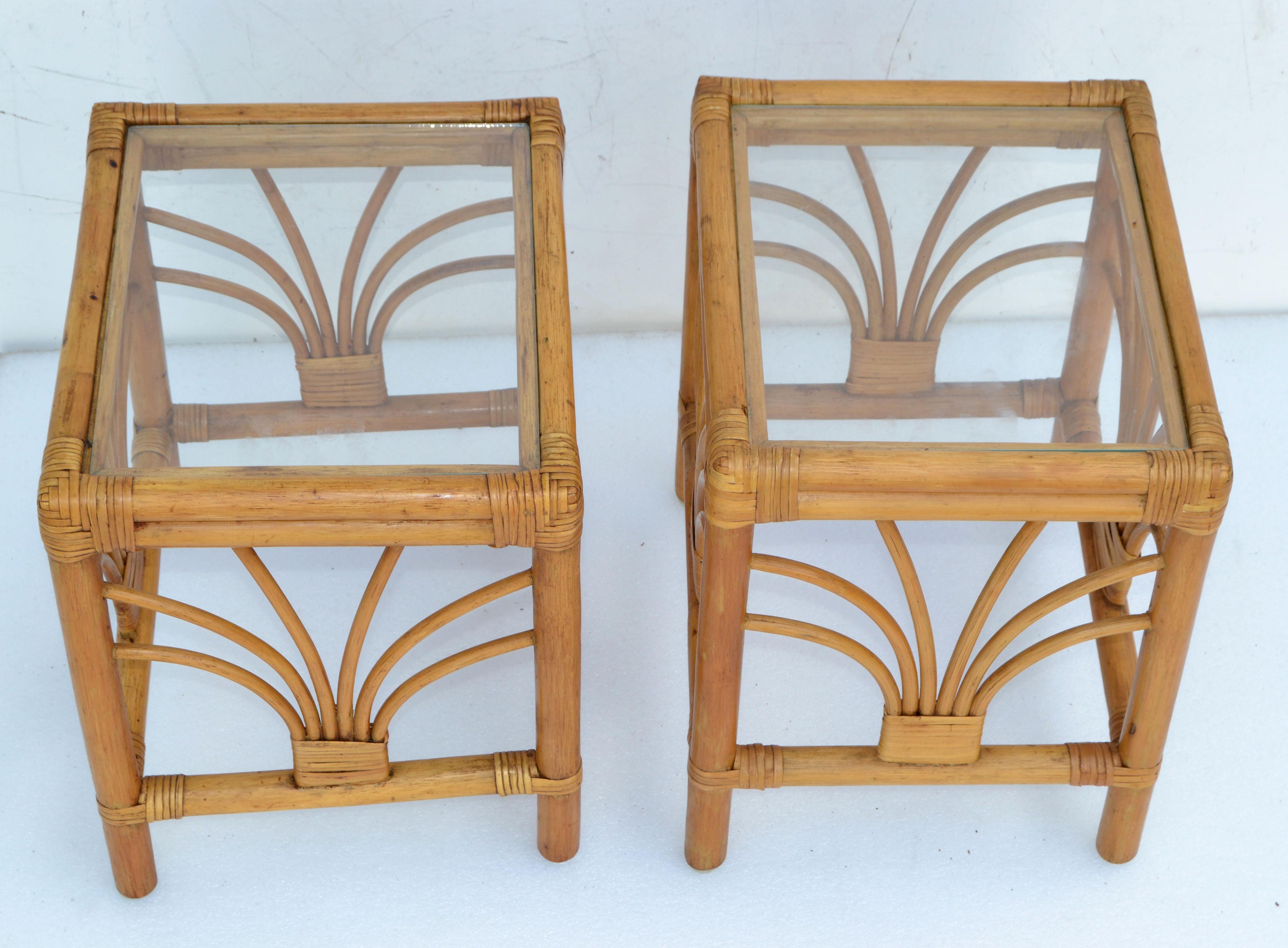 American Vintage 1970 Bohemian Handmade Bamboo, Reed, Cane & Glass Top Side Table, Pair  For Sale