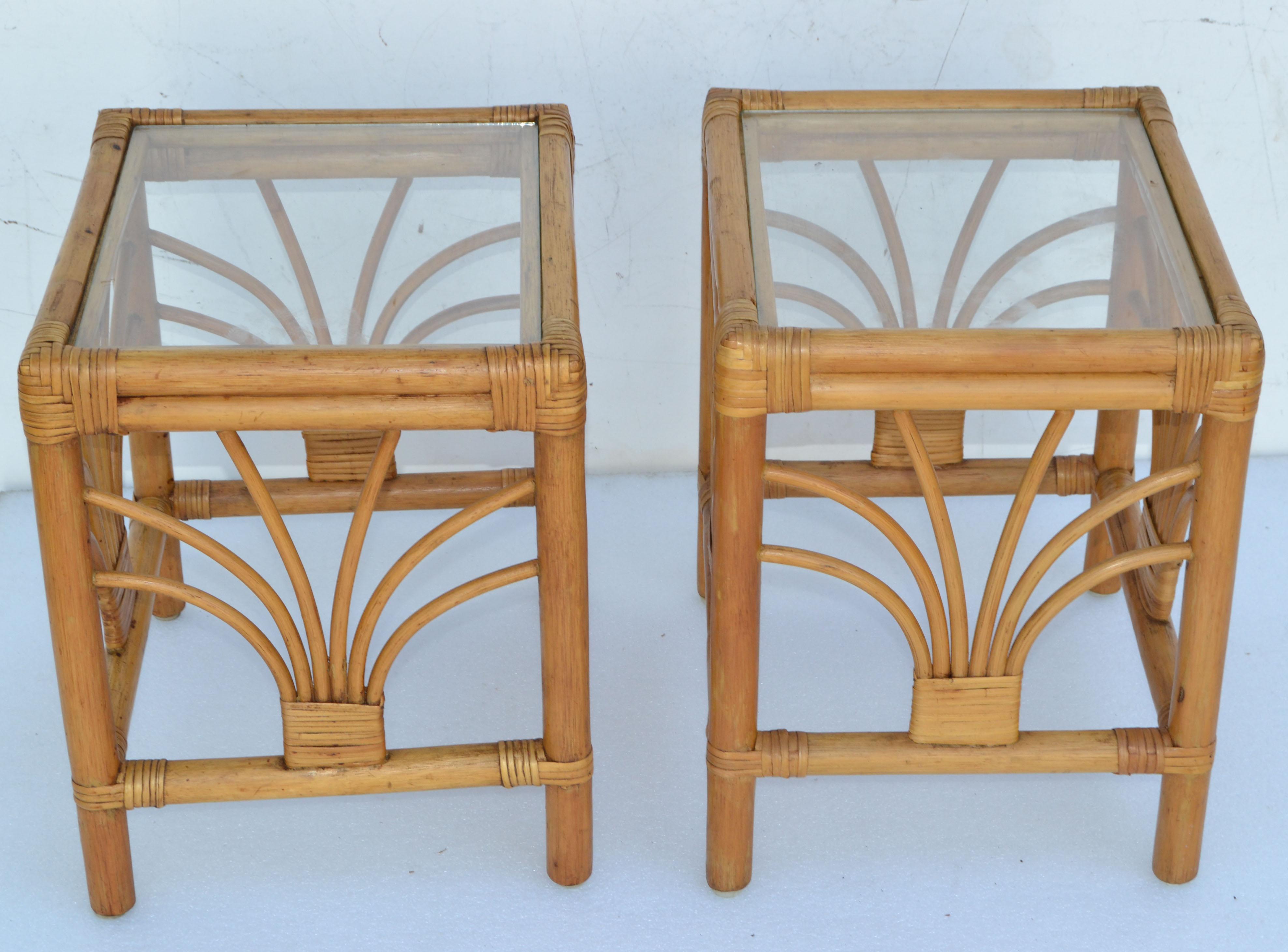 Hand-Crafted Vintage 1970 Bohemian Handmade Bamboo, Reed, Cane & Glass Top Side Table, Pair  For Sale