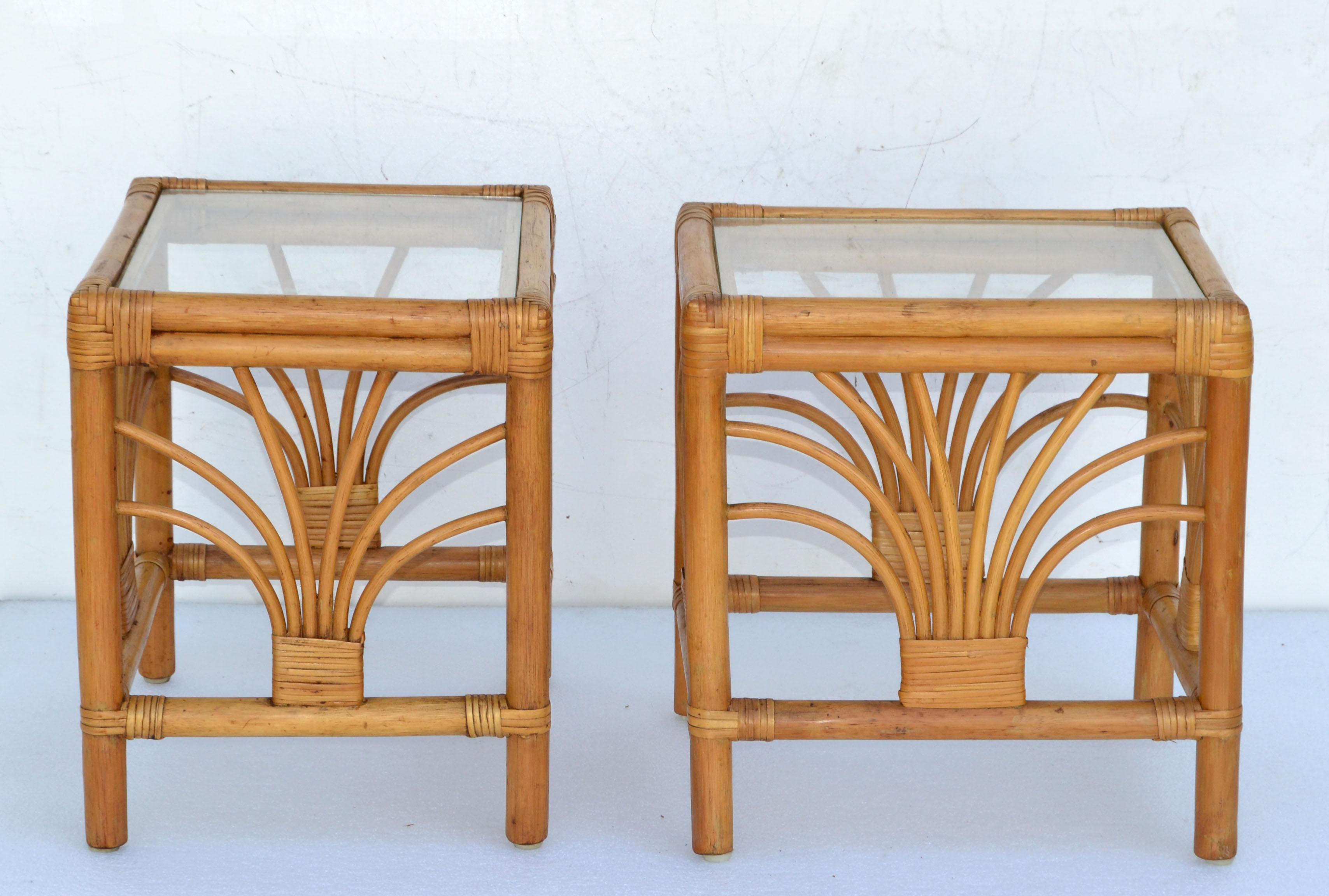 Vintage 1970 Bohemian Handmade Bamboo, Reed, Cane & Glass Top Side Table, Pair  For Sale 1