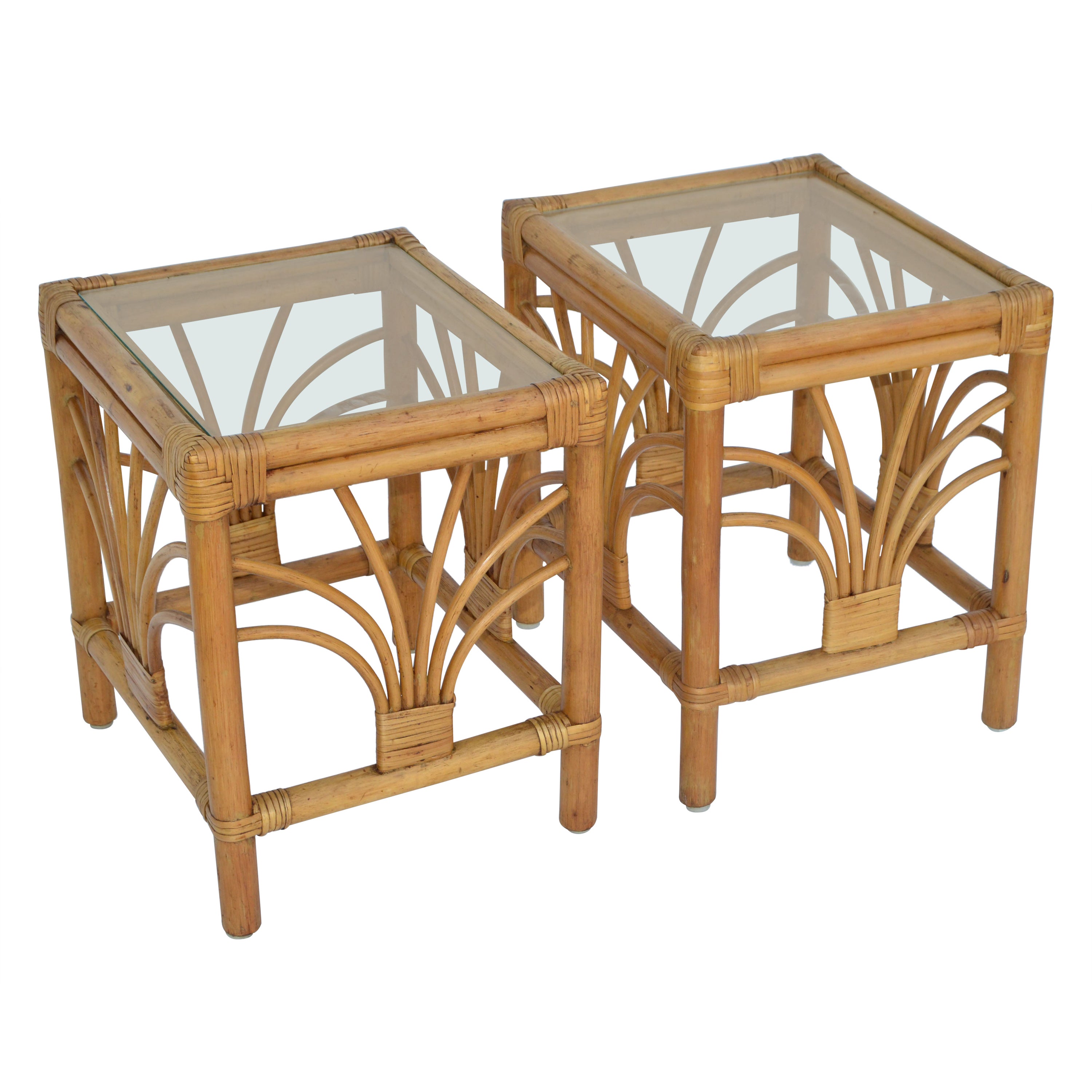 Vintage 1970 Bohemian Handmade Bamboo, Reed, Cane & Glass Top Side Table, Pair