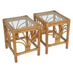 Vintage 1970 Bohemian Handmade Bamboo, Reed, Cane & Glass Top Side Table, Pair