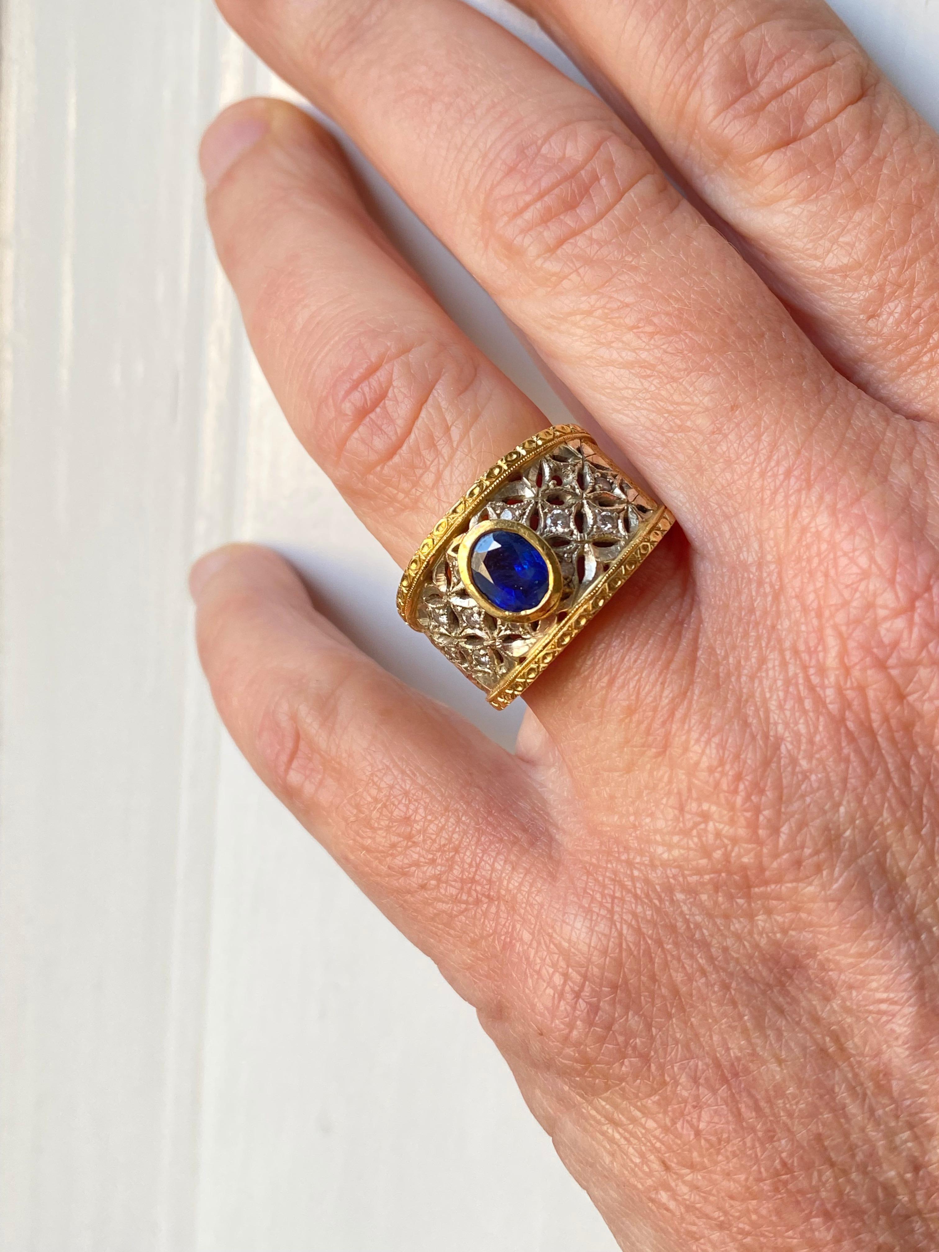 Artisan Vintage 1970 Buccellati Style Sapphire Diamonds 18 karat Gold Band Ring