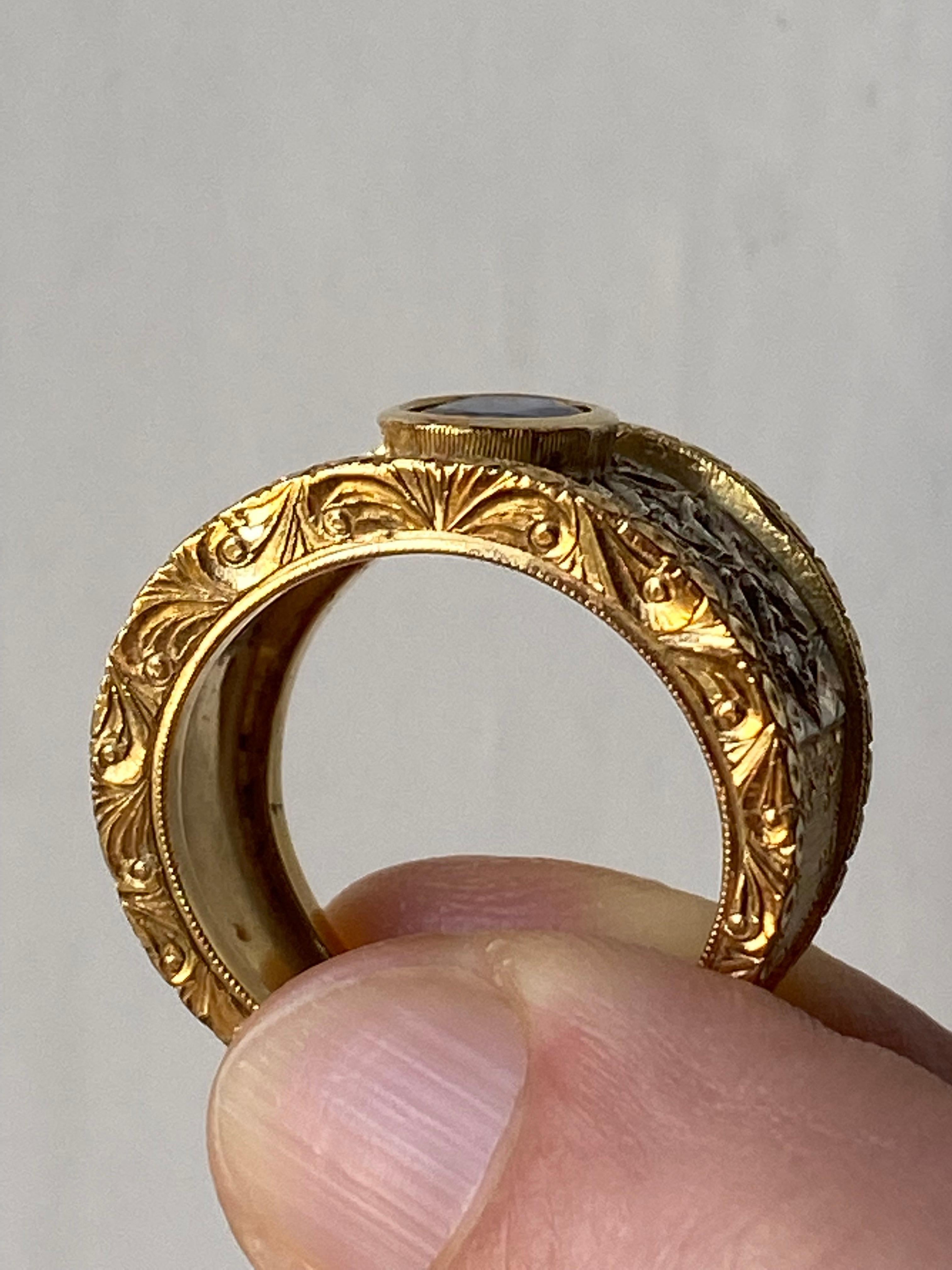 Vintage 1970 Buccellati Style Sapphire Diamonds 18 karat Gold Band Ring In Excellent Condition In Rome, IT