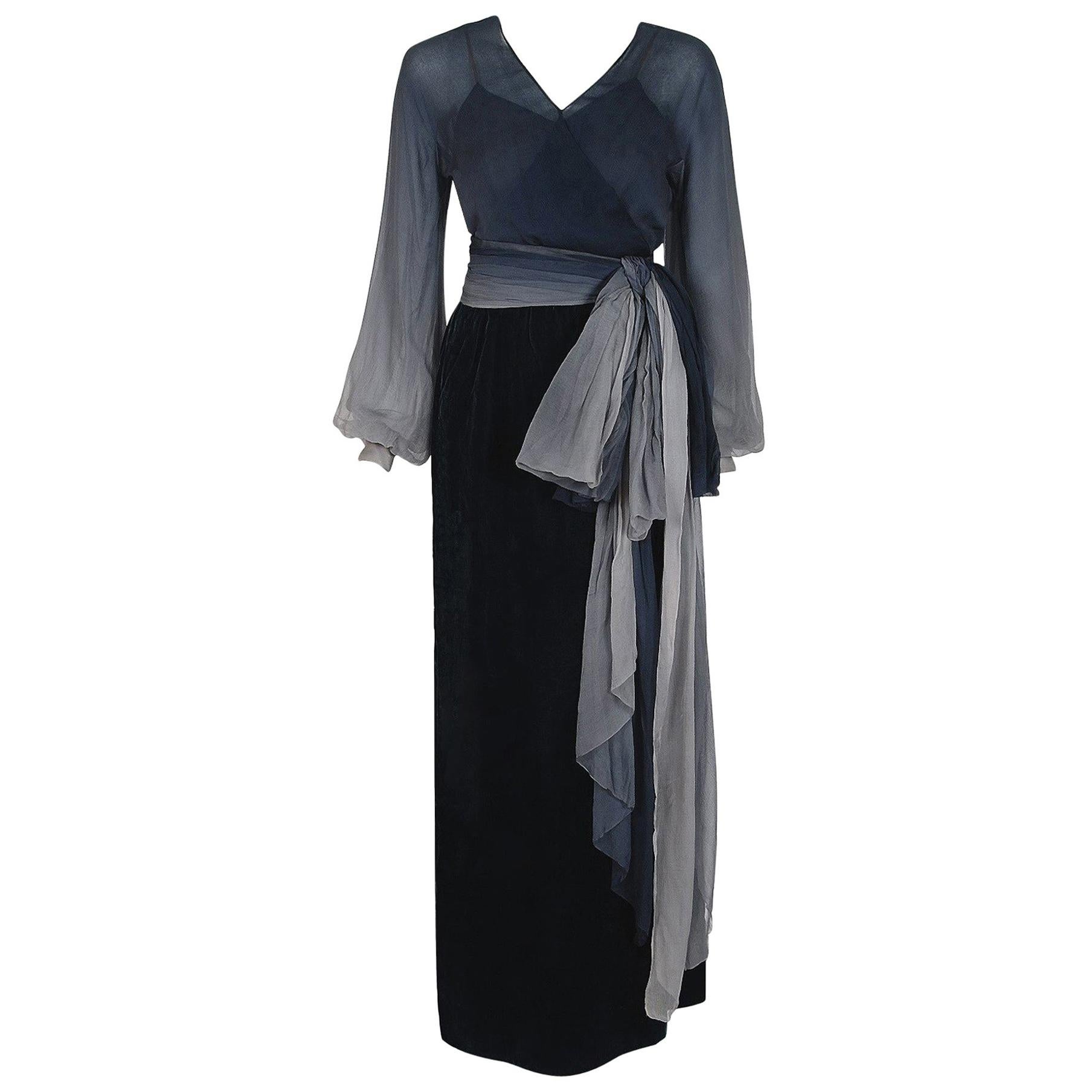 Vintage 1970 Christian Dior Haute Couture Ombre Chiffon Billow-Sleeve Dress Set