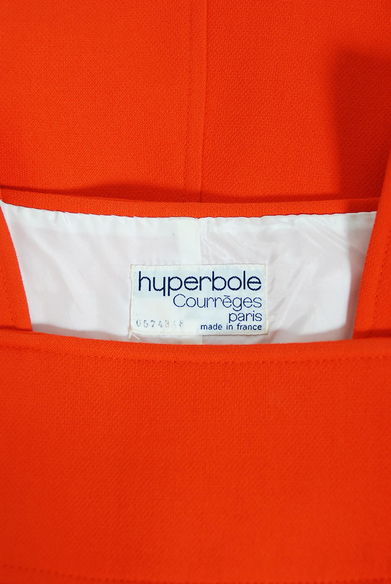 Vintage 1970 Courreges Hyperbole Orange Wool Space-Age Sleeveless Mod Mini Dress For Sale 2